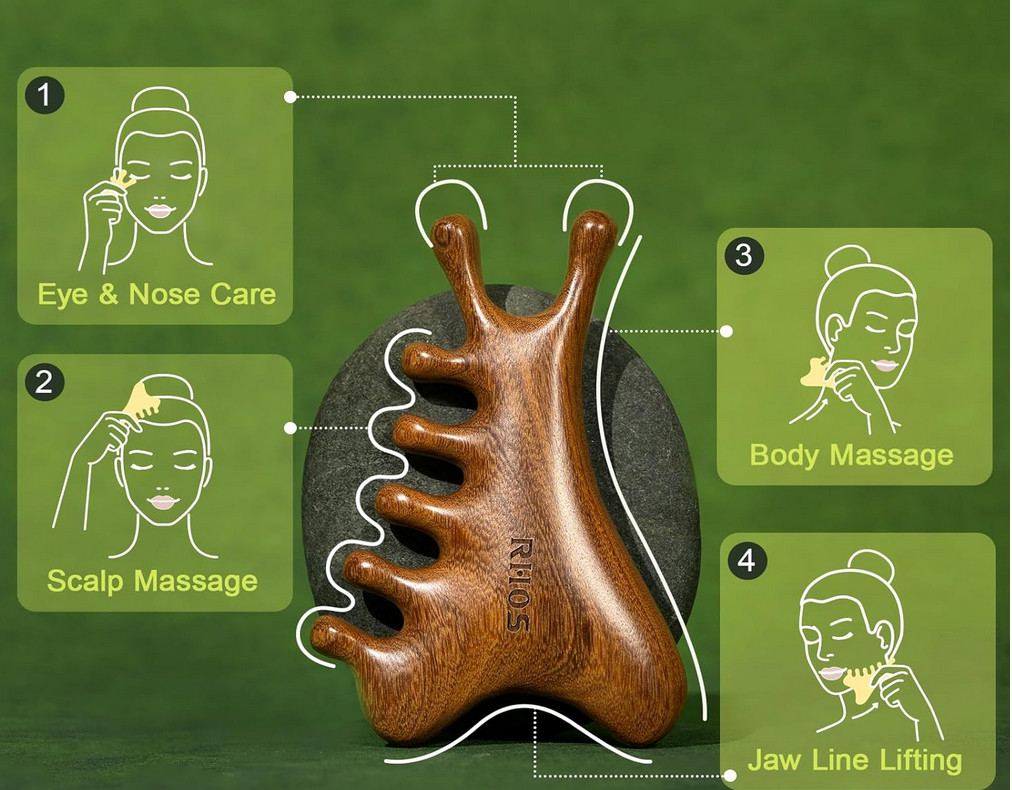 Sandalwood Gua Sha Tool 4 in 1 Scalp Massager Comb Face Jaw Line Body Massage