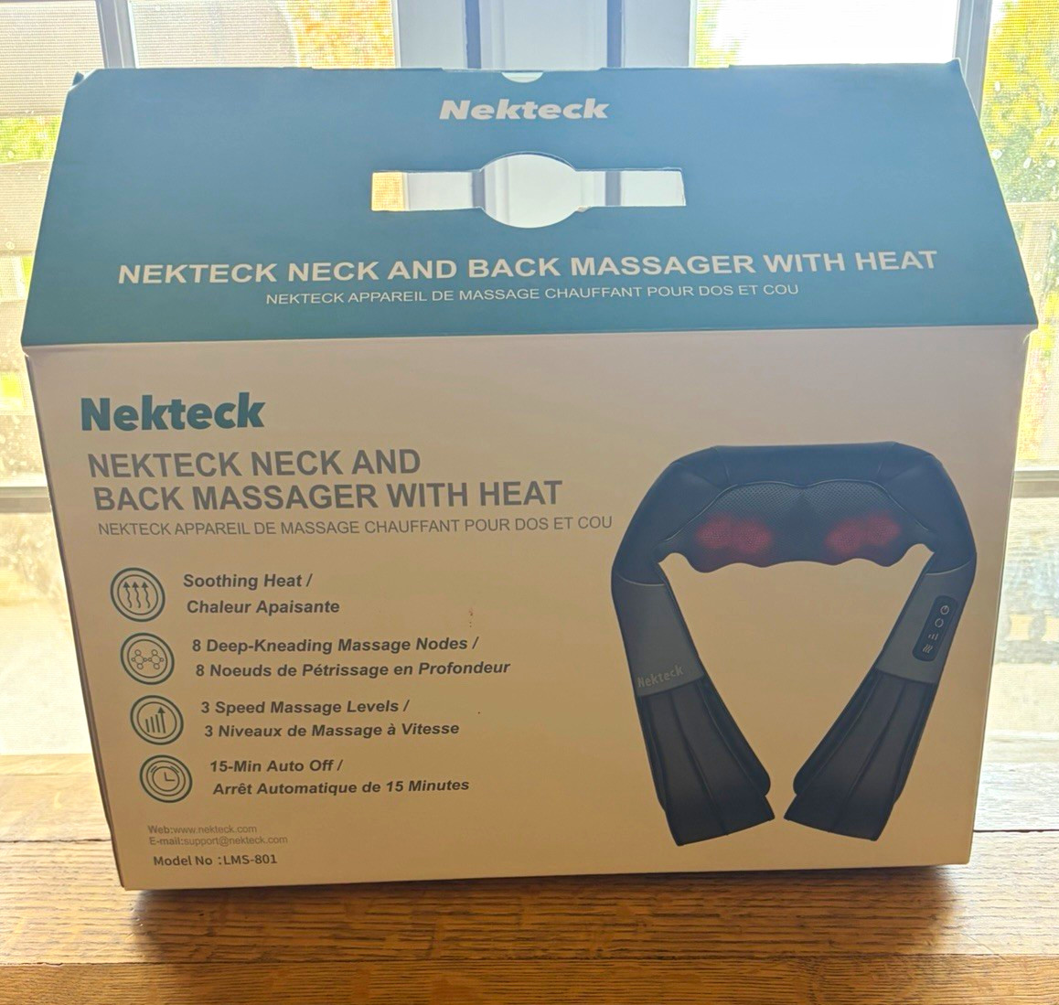Nekteck Neck & Back Massager Heated Kneading 8 Heads Auto Shut-Off LMS-801 Black