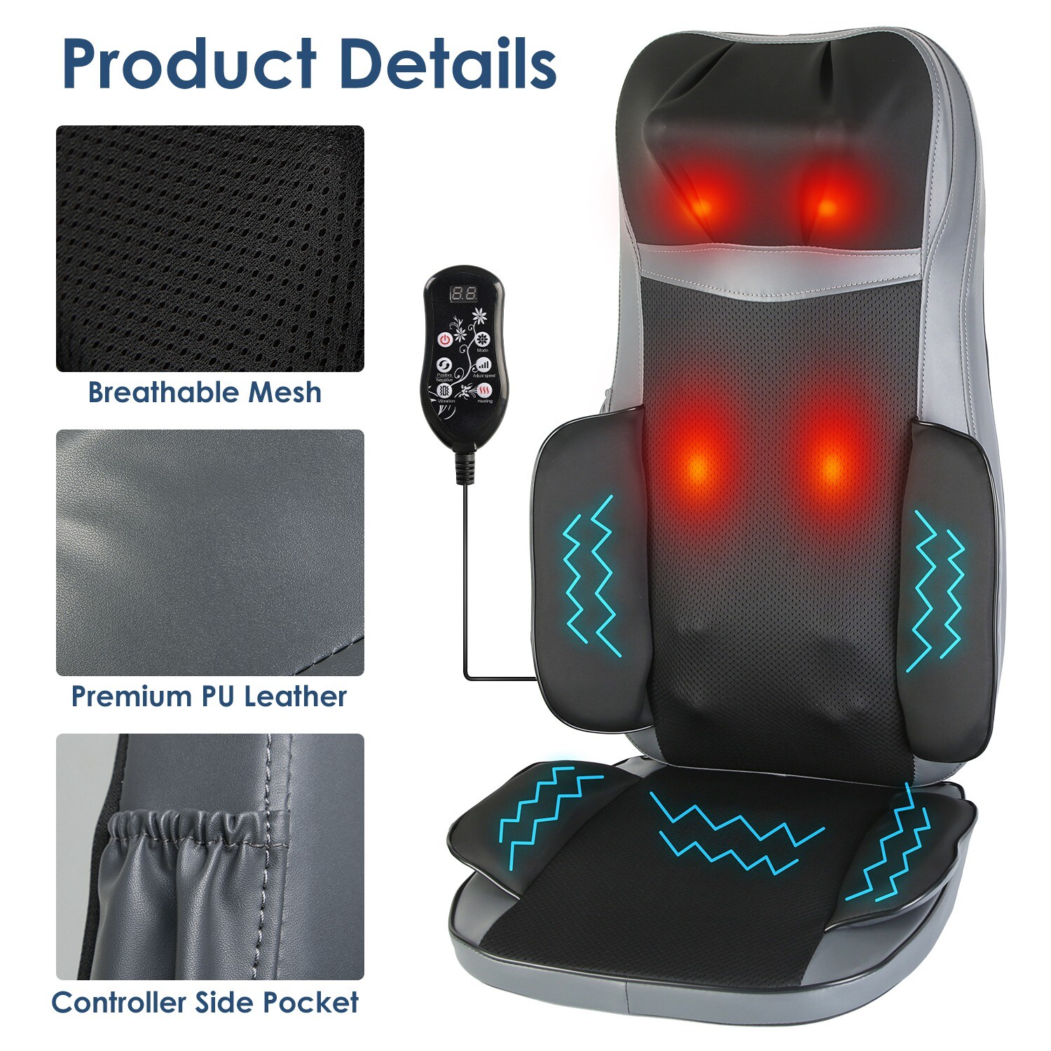 Back Neck Massage Seat Chair Cushion with Heat 3D Kneading Massage Pad Home Car