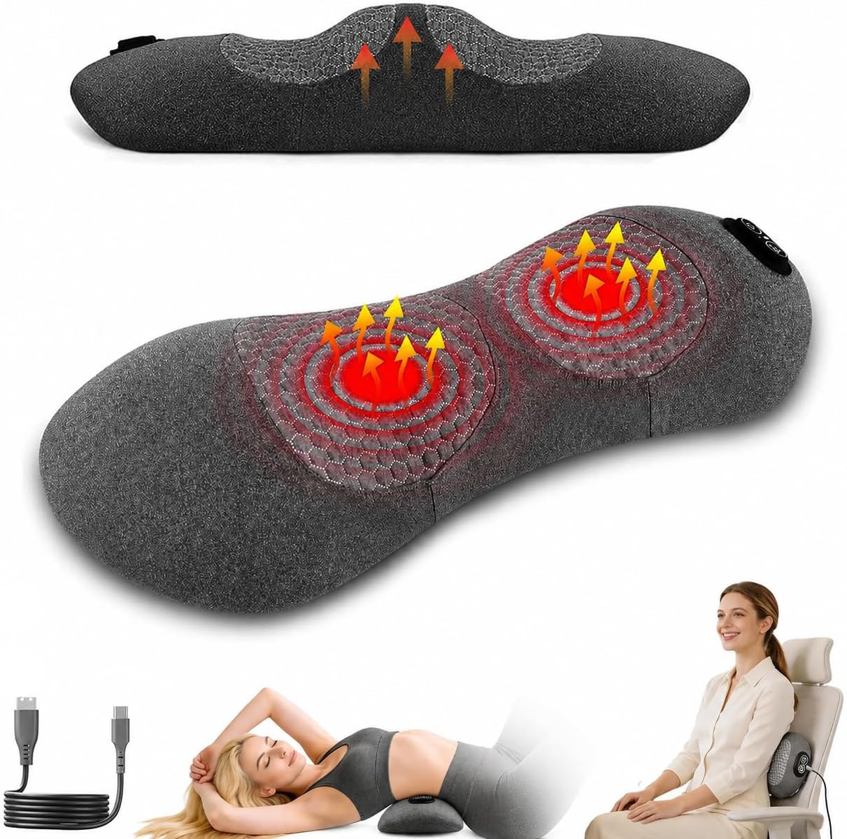 3-In-1 Electric Lumbar Support Pillow, Triple Fusion Back Massager with Heat & M