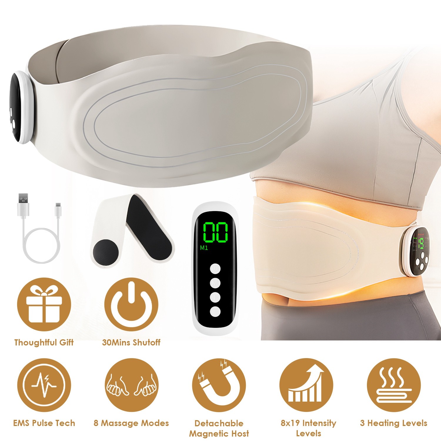 Cordless Lower Back Massager 19 Intensity Levels Deep Massage Heating Pad Belt