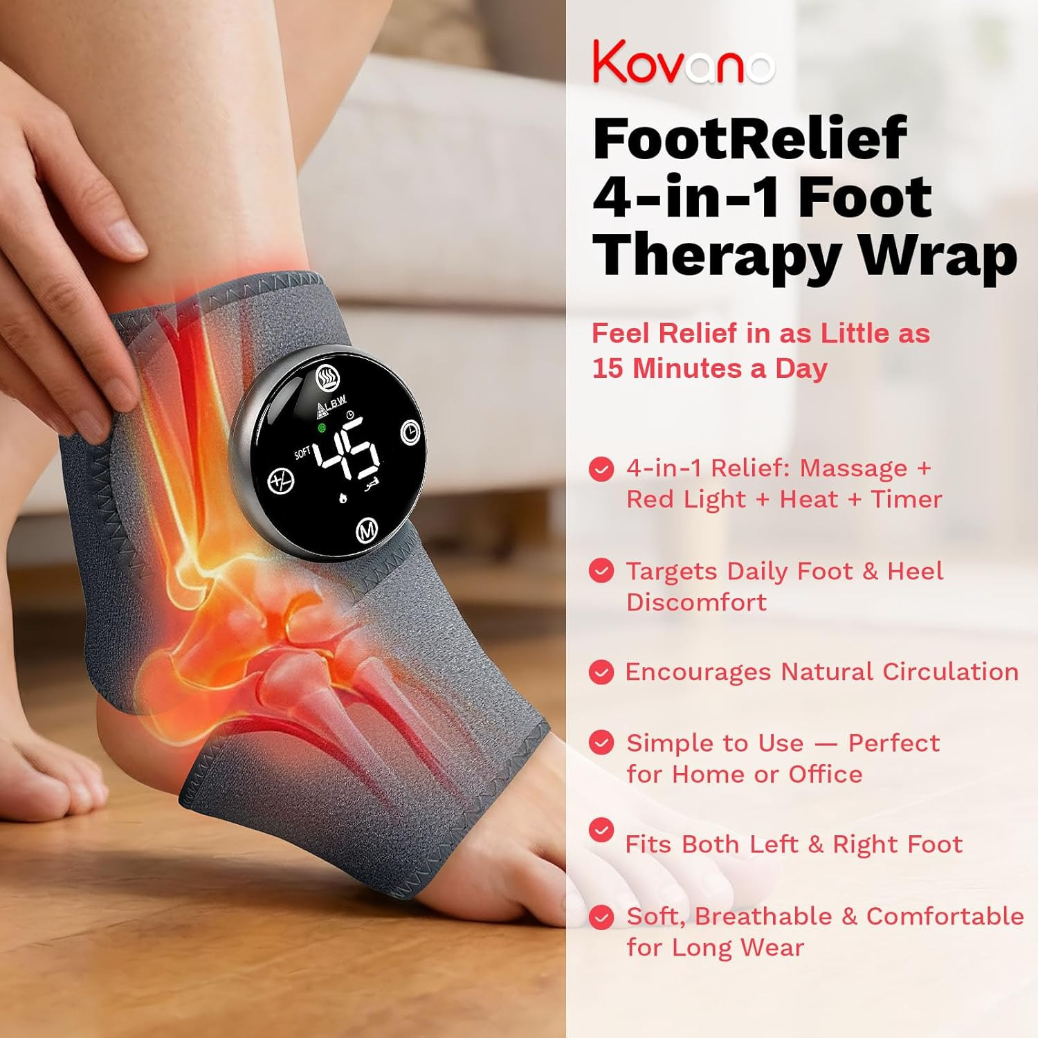 Large Fit Wearable Foot Massager Wrap, Cordless Heated Ankle Massager with Red L