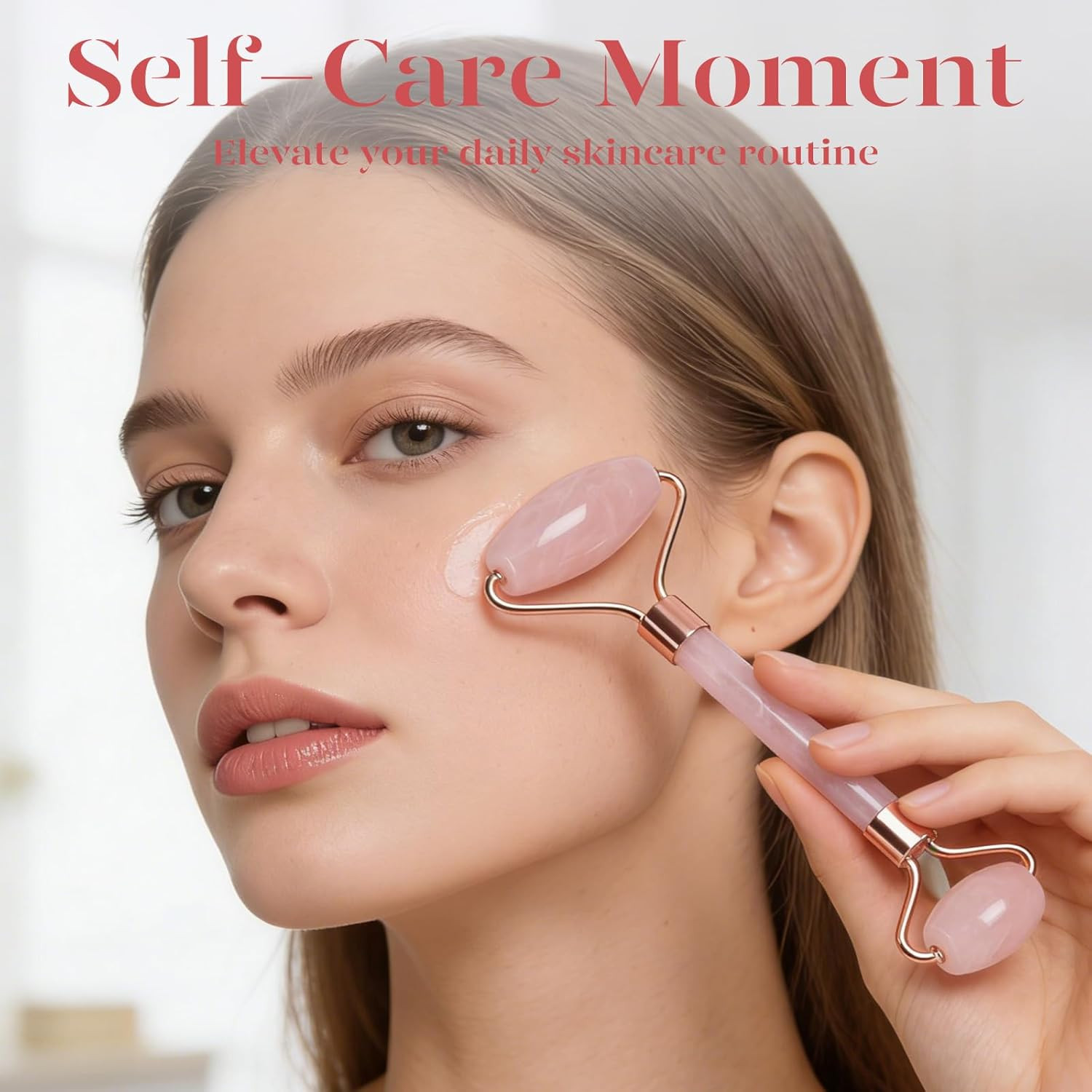 Icyme Rose Quartz Roller & Gua Sha Set, Cooling Face Roller for Depuffing & Lymp