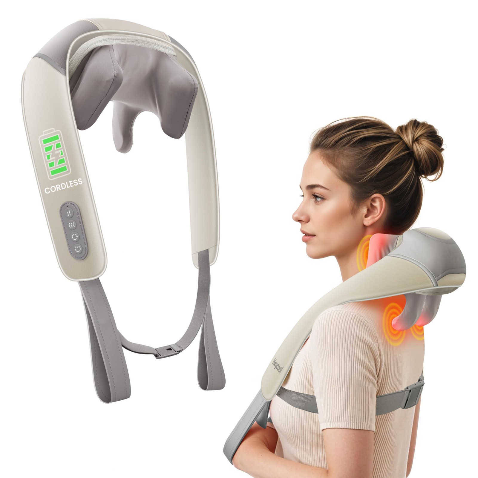 Heycool Cordless Neck Massager with Heat, FSA Eligible HSA 4D Deep Khaki