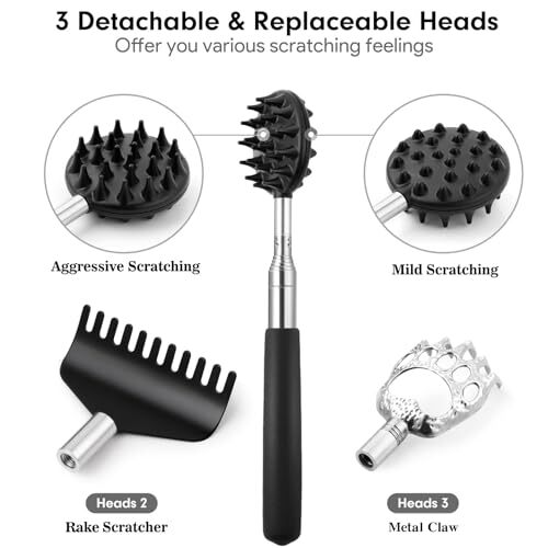 Telescoping Back Scratcher with 3Pcs Detachable Scratching Heads, Back Black