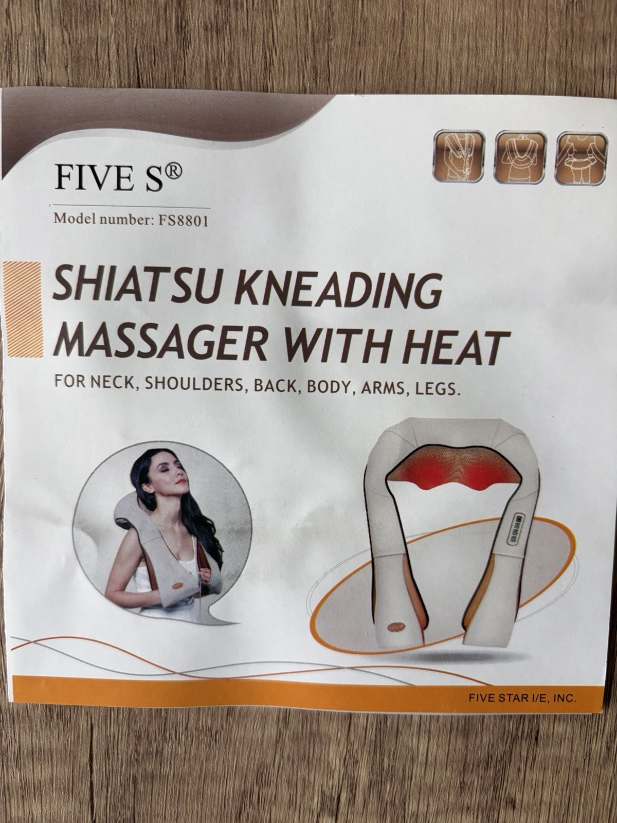 Five S FS8801 Shiatsu Neck Back Massager w/ Heat Deep Kneading Massage