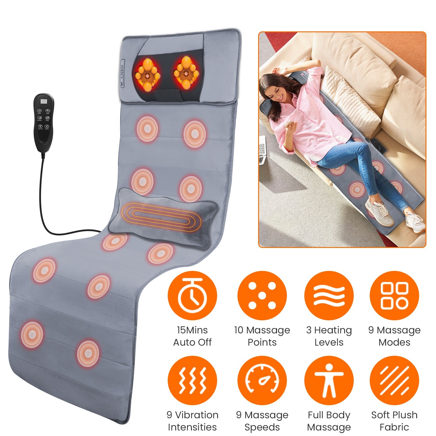 9 Massage Modes Full Body Massage Mat with Heat Vibration Neck Back Massage Pad