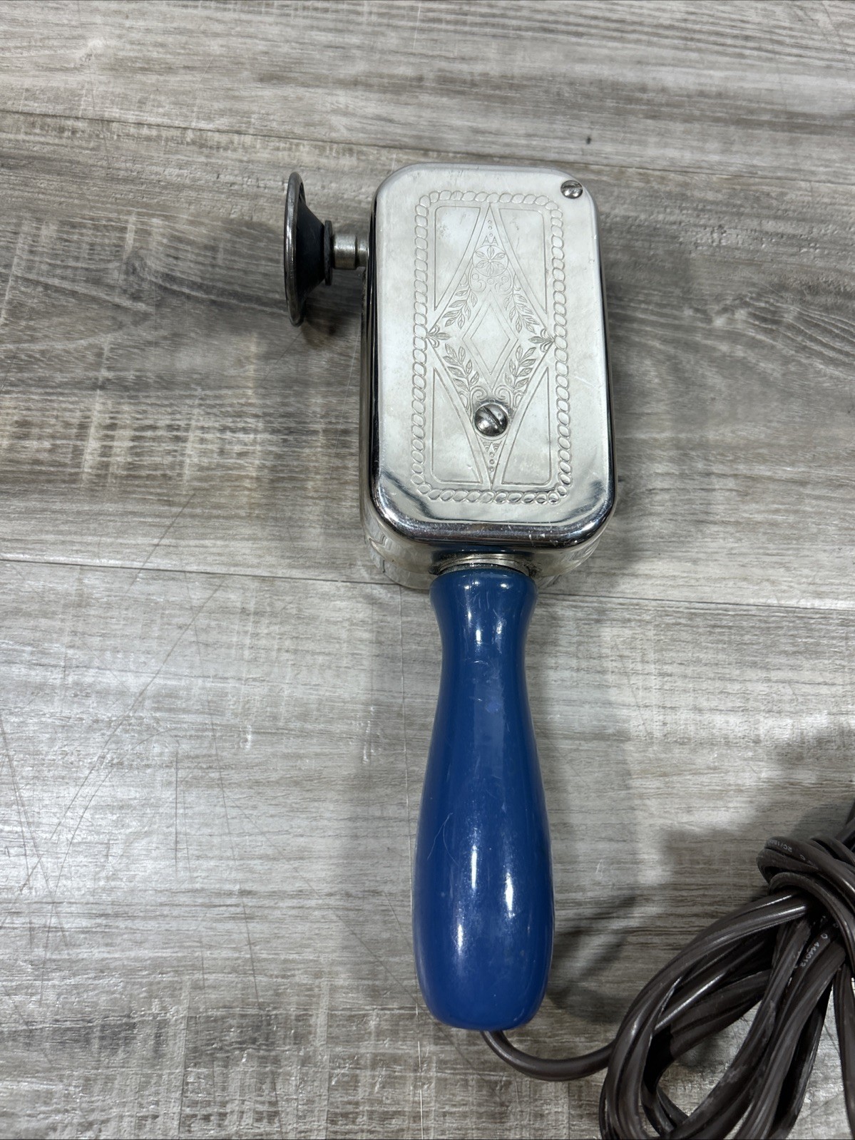 Vintage Chrome Box, Engraving, Blue Handle VIBRATION MASSAGER