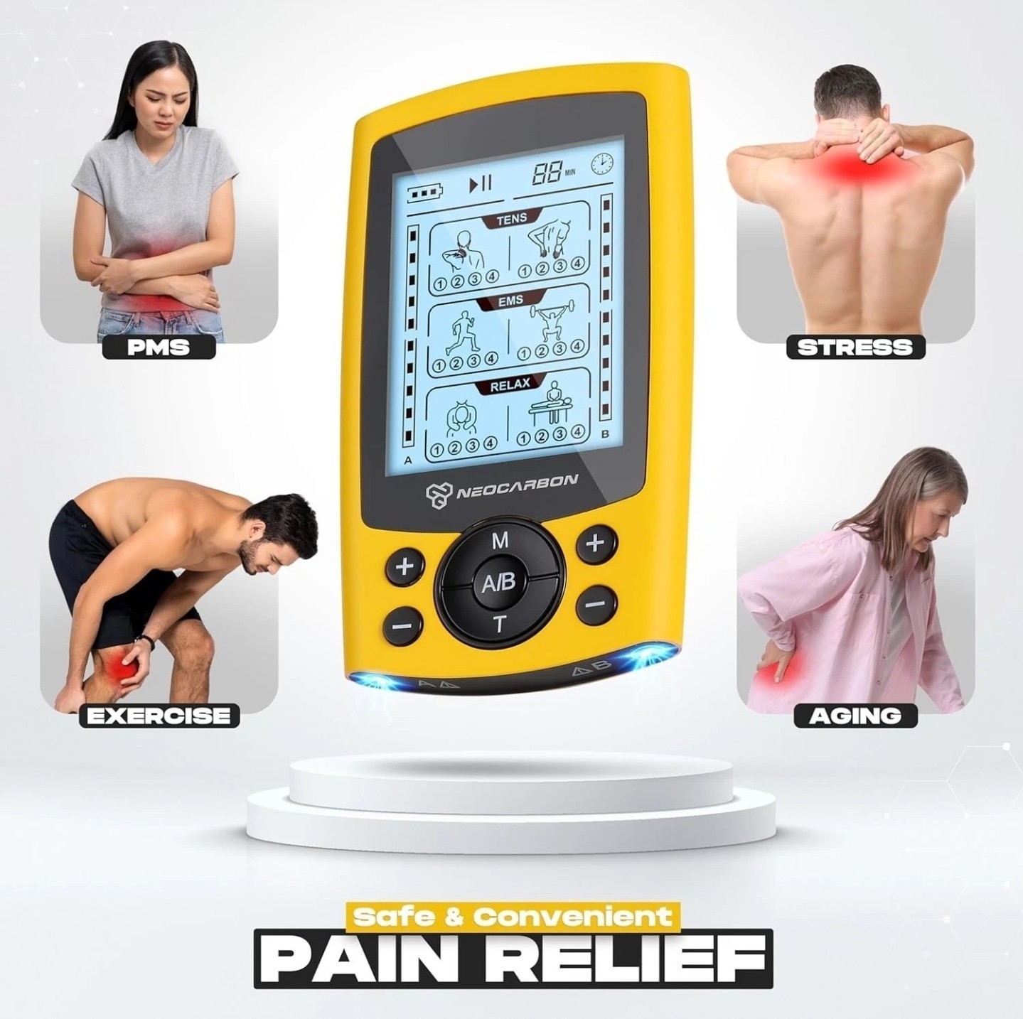 Neocarbon Electric Muscle Stimulator TENS Unit for Back, Pain Relief, Yellow