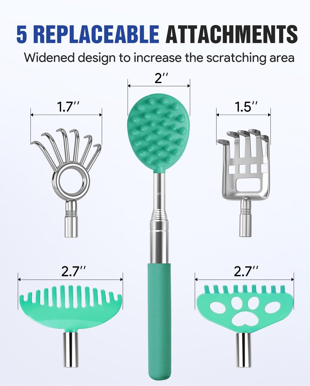 Telescoping Back Scratcher with 5Pcs Detachable Heads, Extendable Back