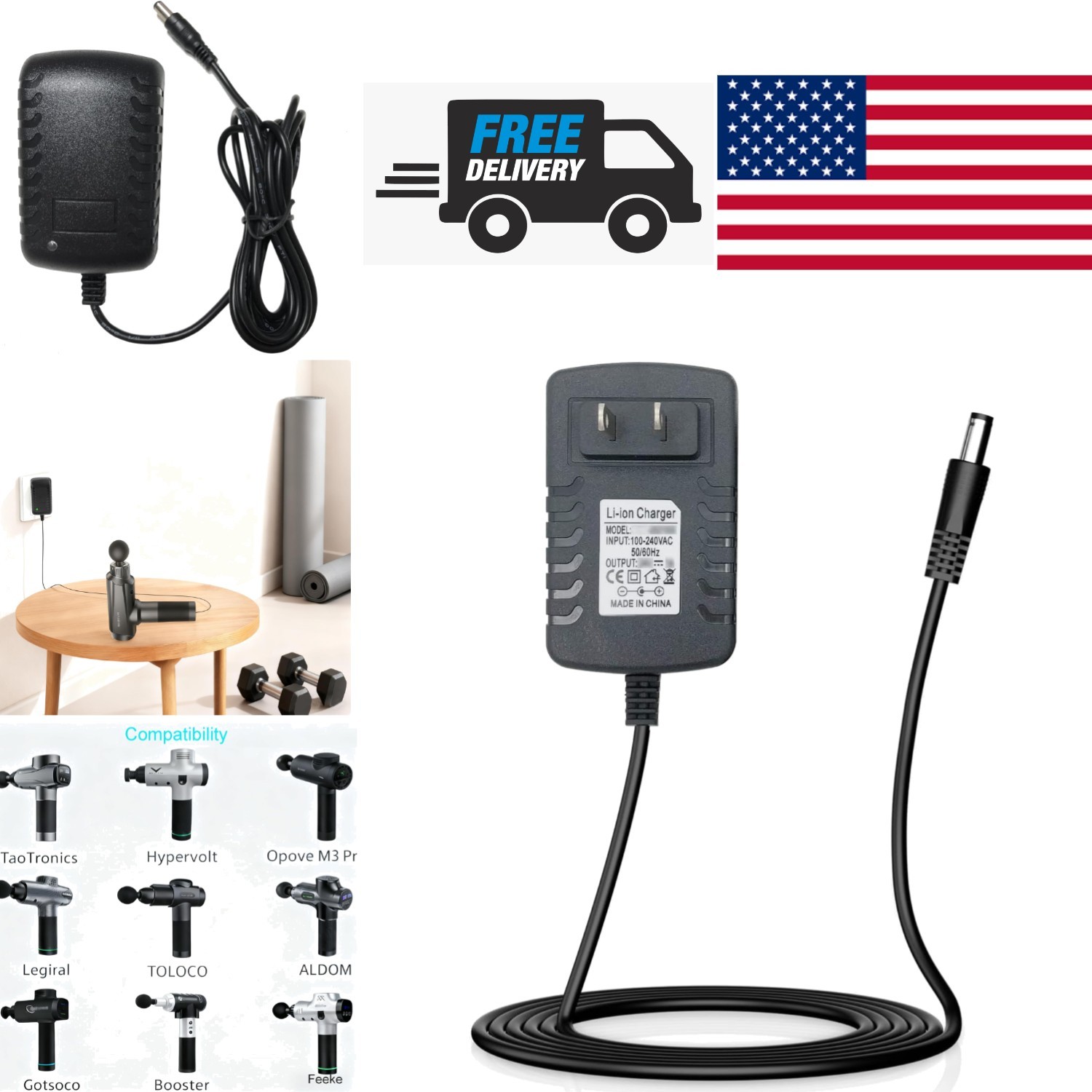 Charger Replacement for Massage Gun 24V 25.2V Power Adapter Cord Black