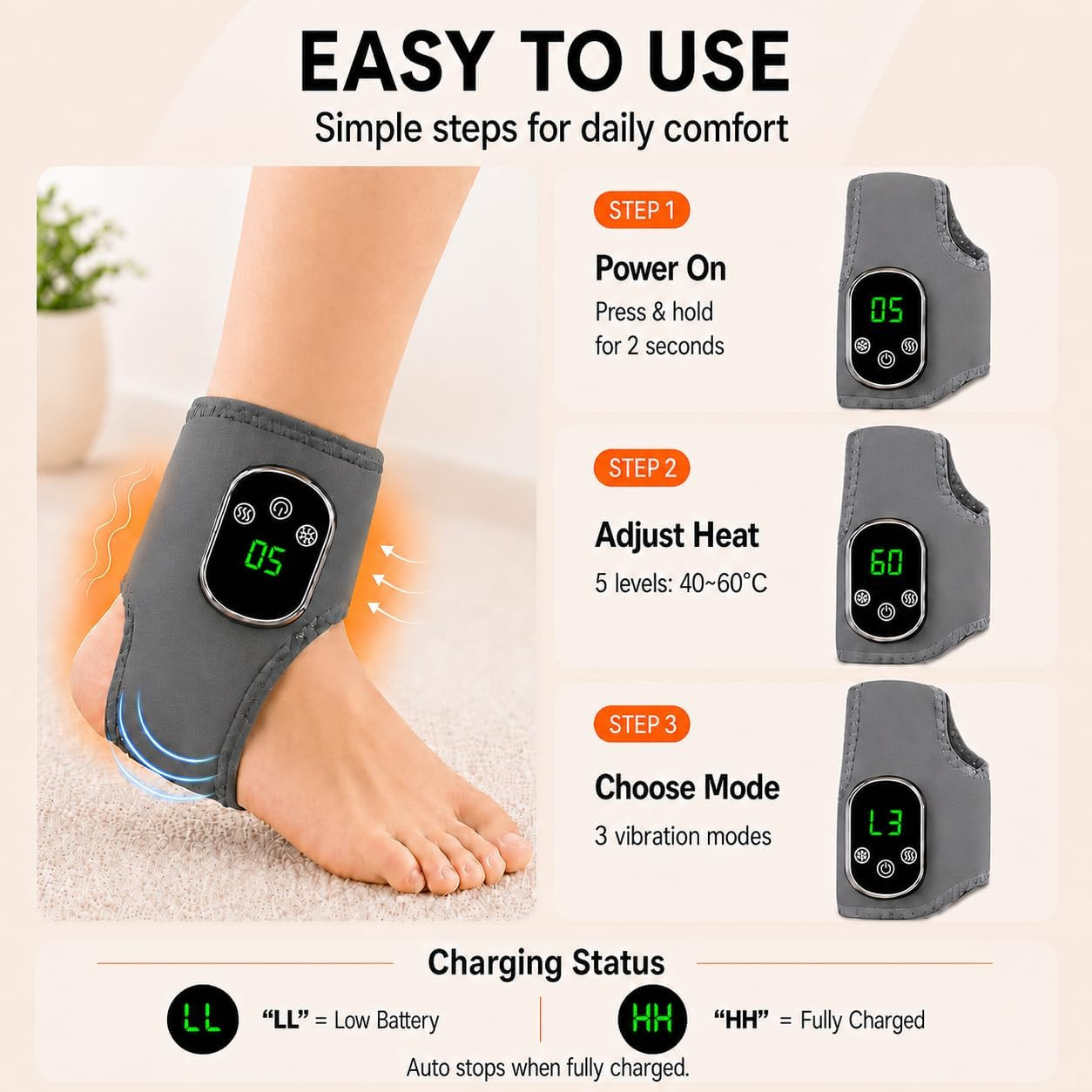 Gouzfca Foot Massager – Electric Ankle Massager, Cordless Design with 3 Vibratio