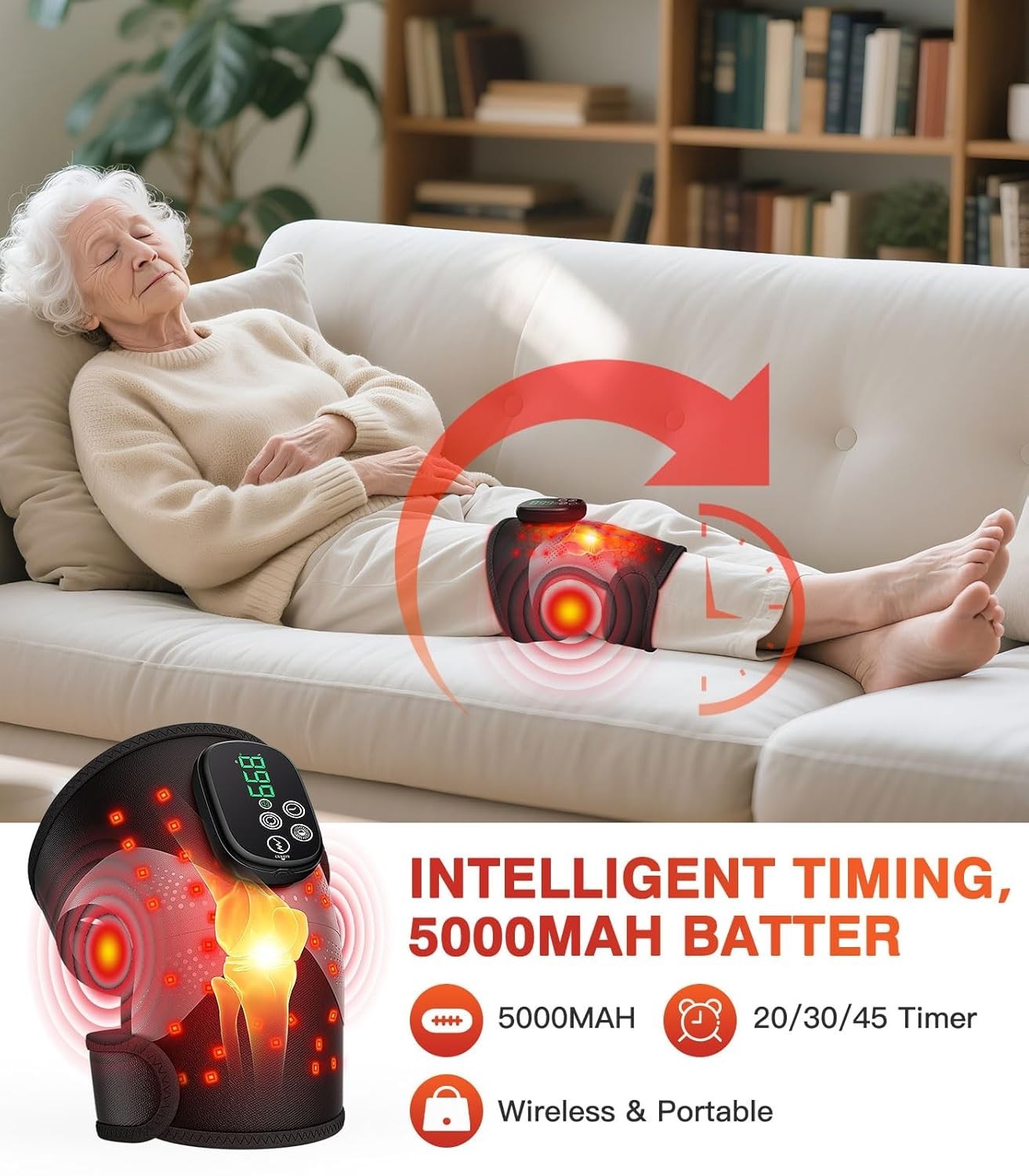 Cordless Knee Massager with Heat & Red Light Therapy – Adjustable & Rechargeable