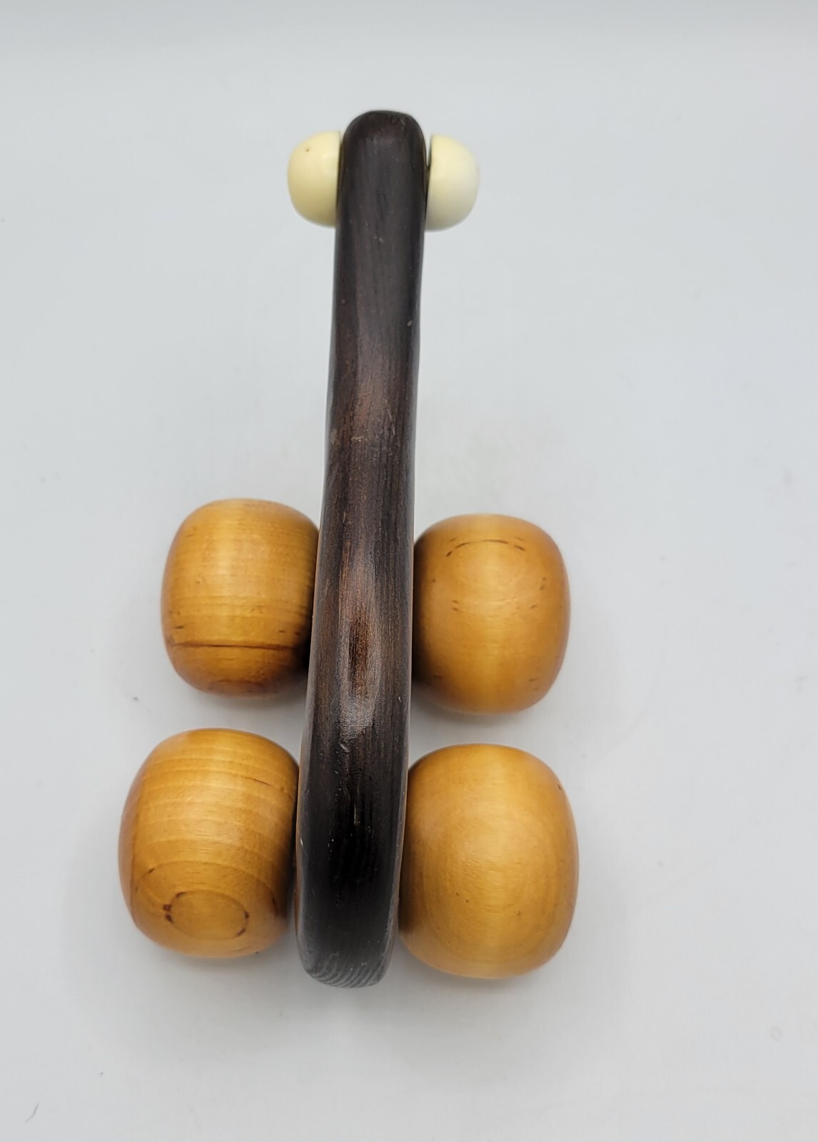 Vintage brown Wooden Frog Hand Massage Roller Ball Wheels 6″ x 9″ green eyes