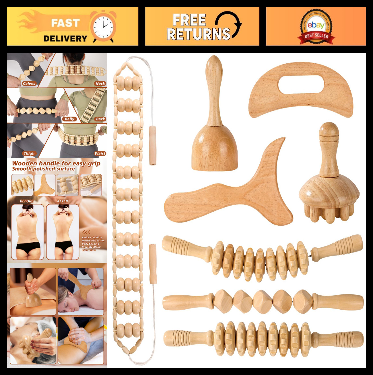 8-in-1 Wood Therapy Massage Tools Set, Gua Sha & Lymphatic Drainage Massager, Bo
