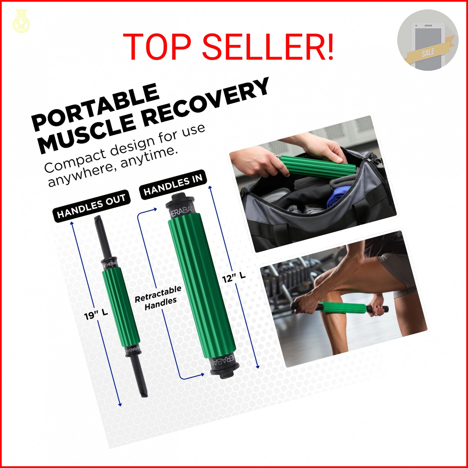 THERABAND Roller Massager+, 19″-21″ Retractable Muscle Massage Stick for Full-Bo