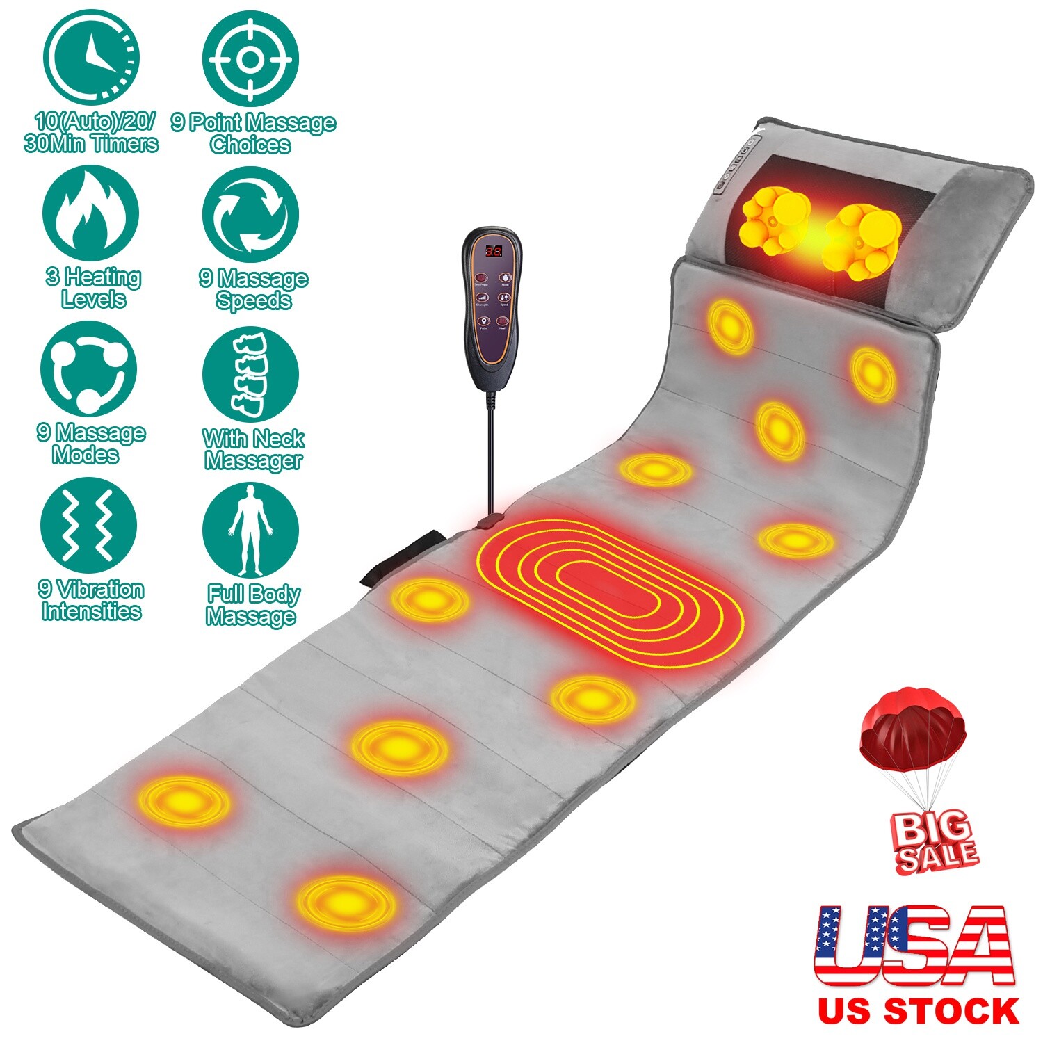 9 Speed Full Body Electric Massage Mattress Mat Heat Shiatsu Neck Massager Pad