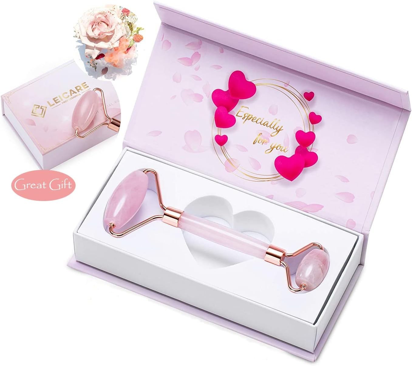 Jade Roller for Face – Rose Quartz Face Roller Skin Care – Stone Facial Rolle…