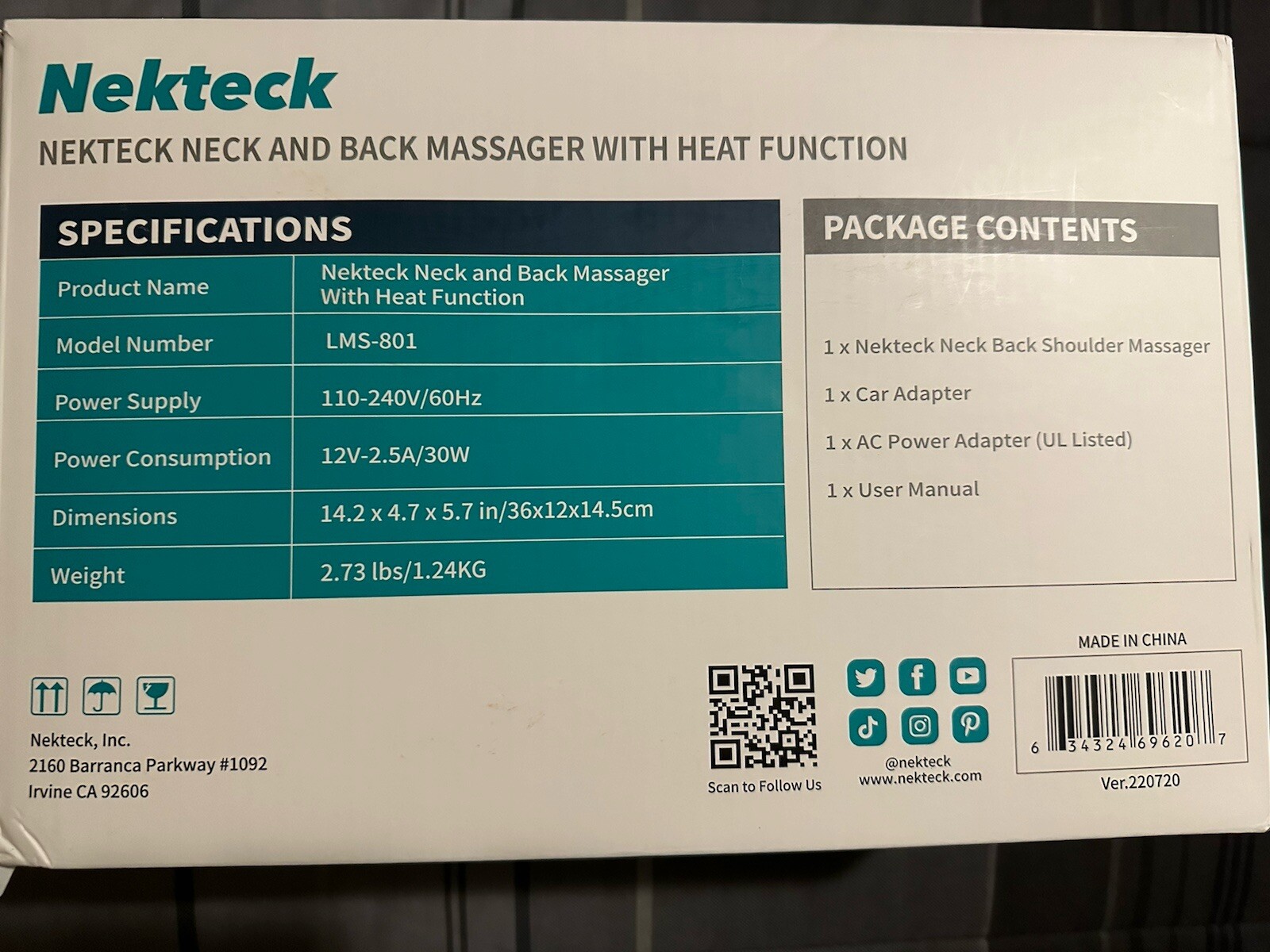 New With Box! Nekteck Shiatsu Deep Kneading Neck & Back Massager