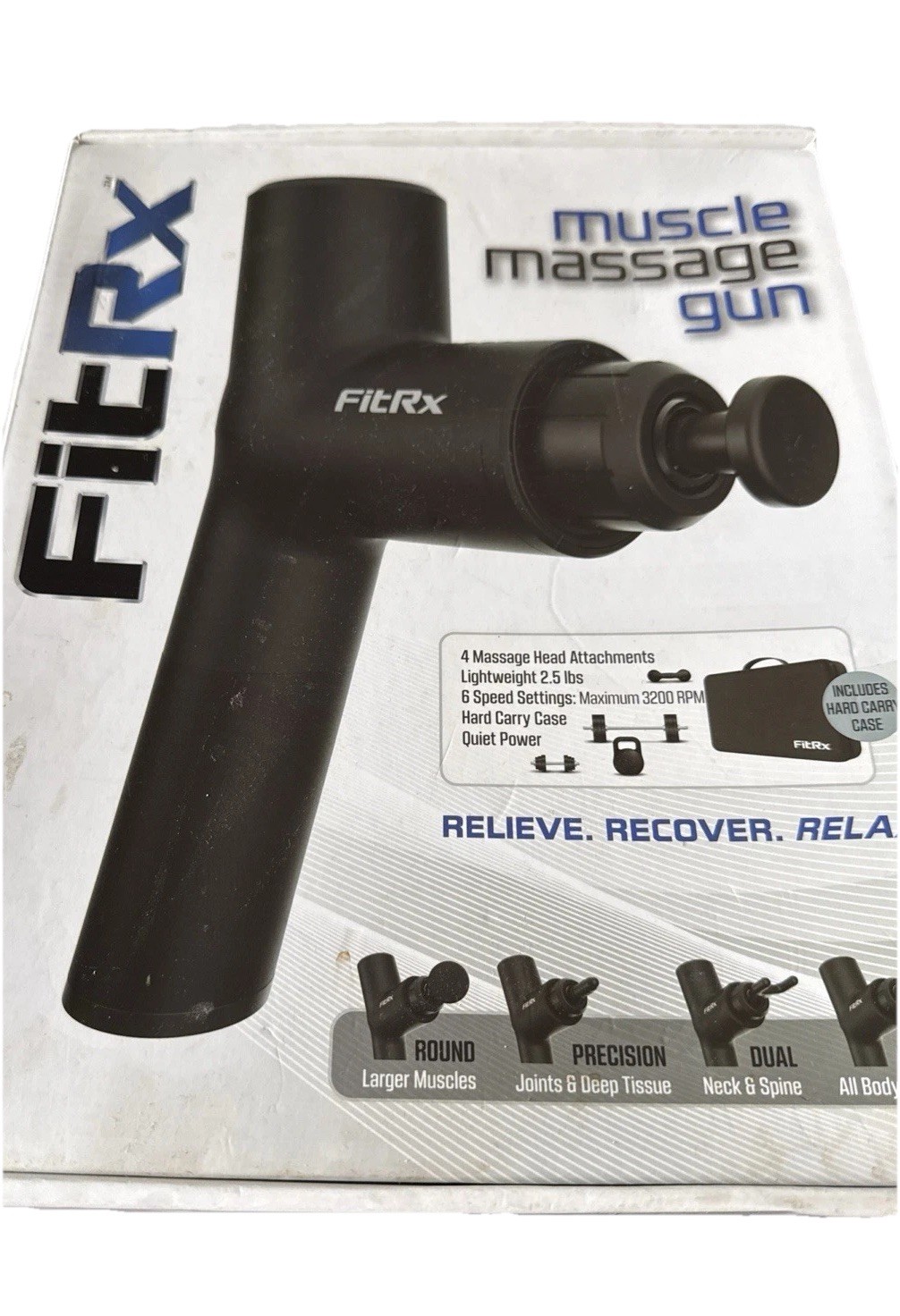 AMAZING FitRx Muscle Massage Gun 4 Attachments, Multispeed, USB, Quiet, w/ Case