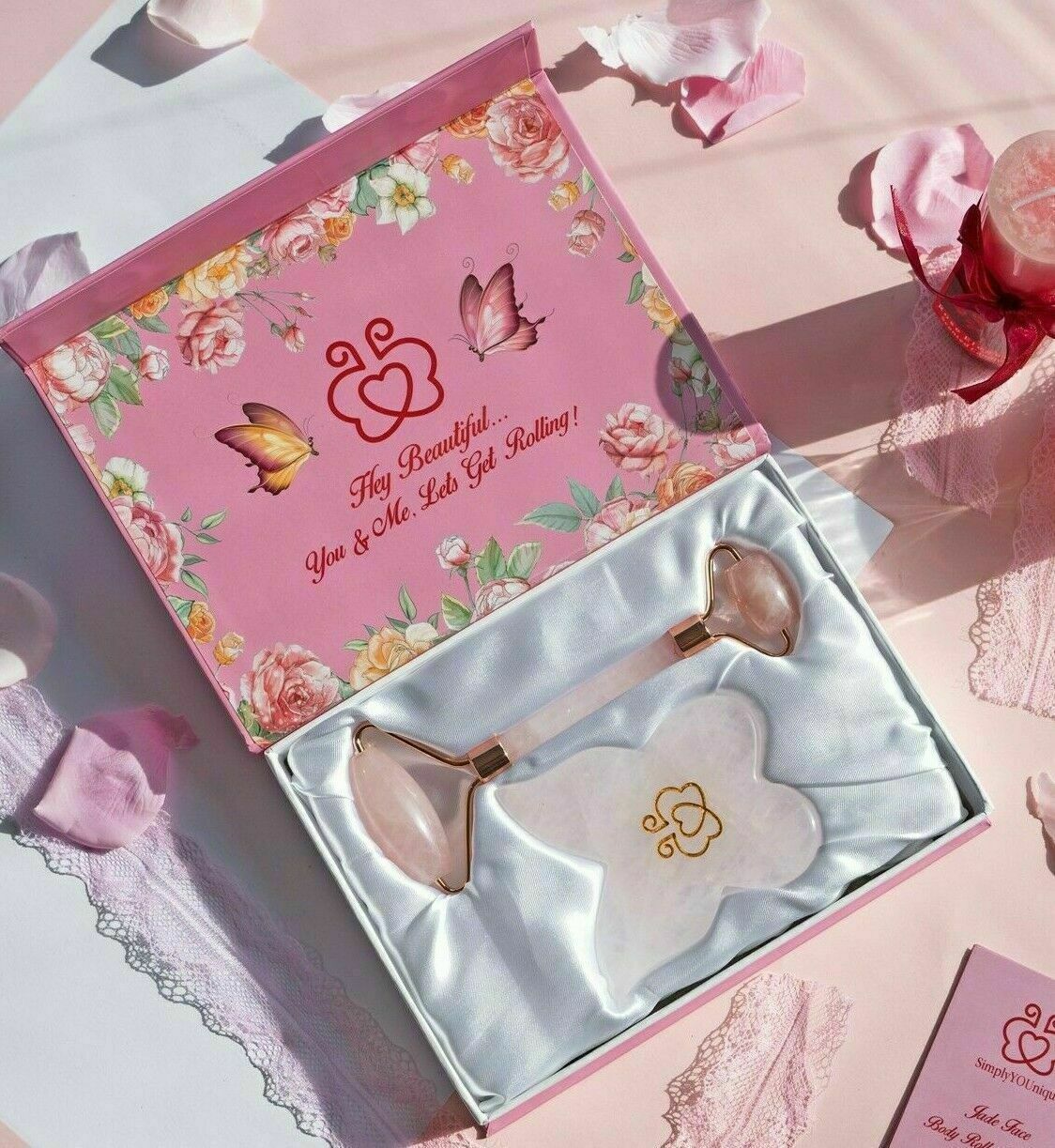 3 in 1 Rose Quartz Crystal Jade Roller & Butterfly Gua Sha Facial Skin Care Set