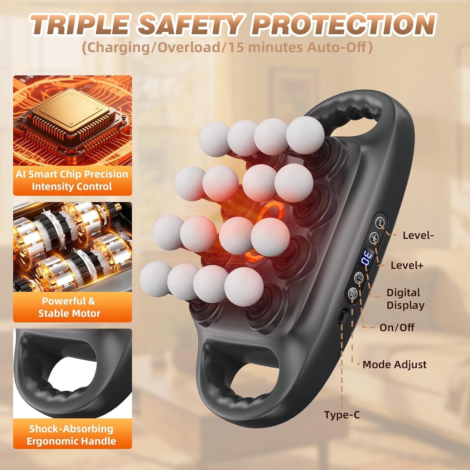Deep Tissue Massage Gun 16 Head Percussion Massager with 3 Modes 30 Inches
