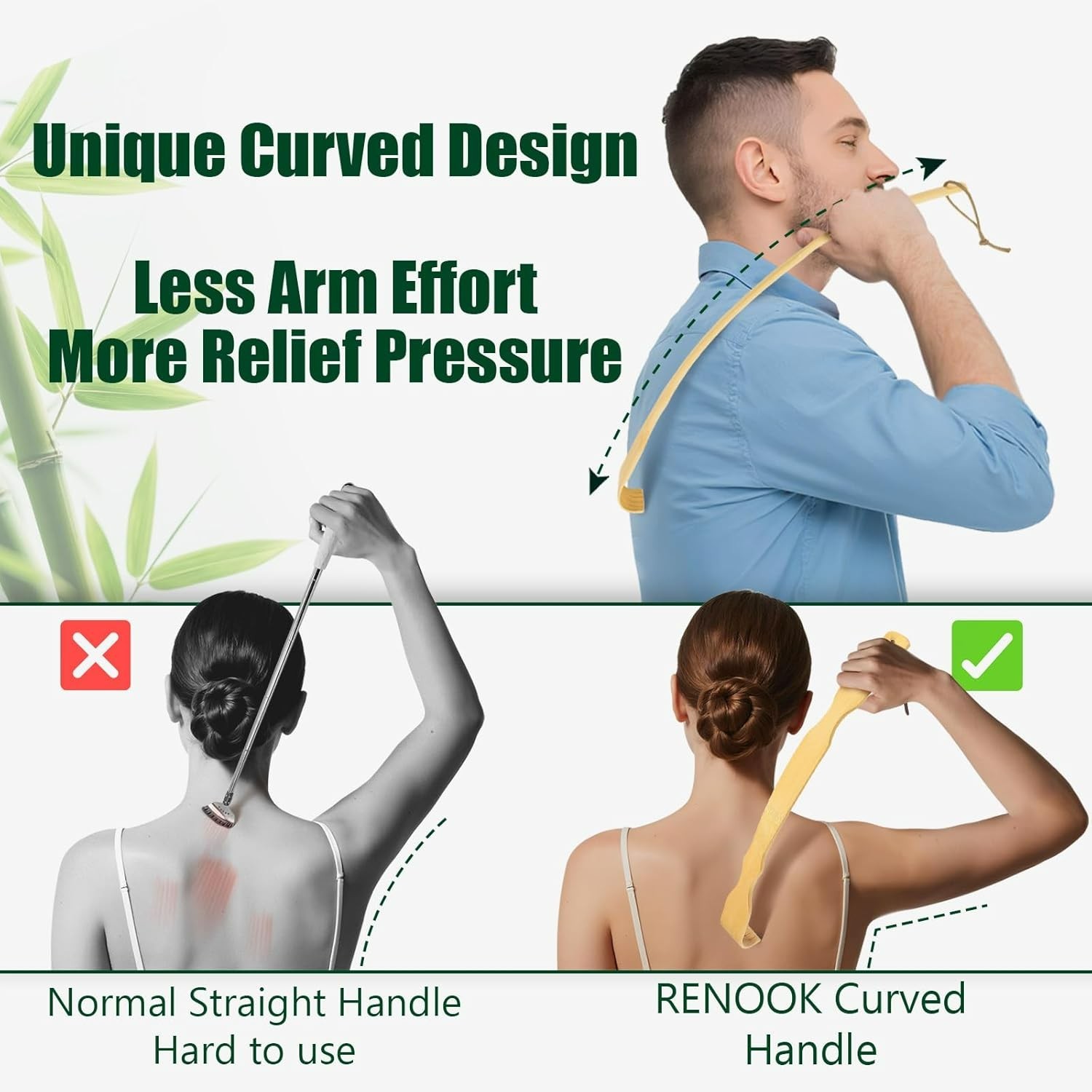 Natural Bamboo Back Scratcher, Curved Design for Effortless Itch Relief – 3 Pack
