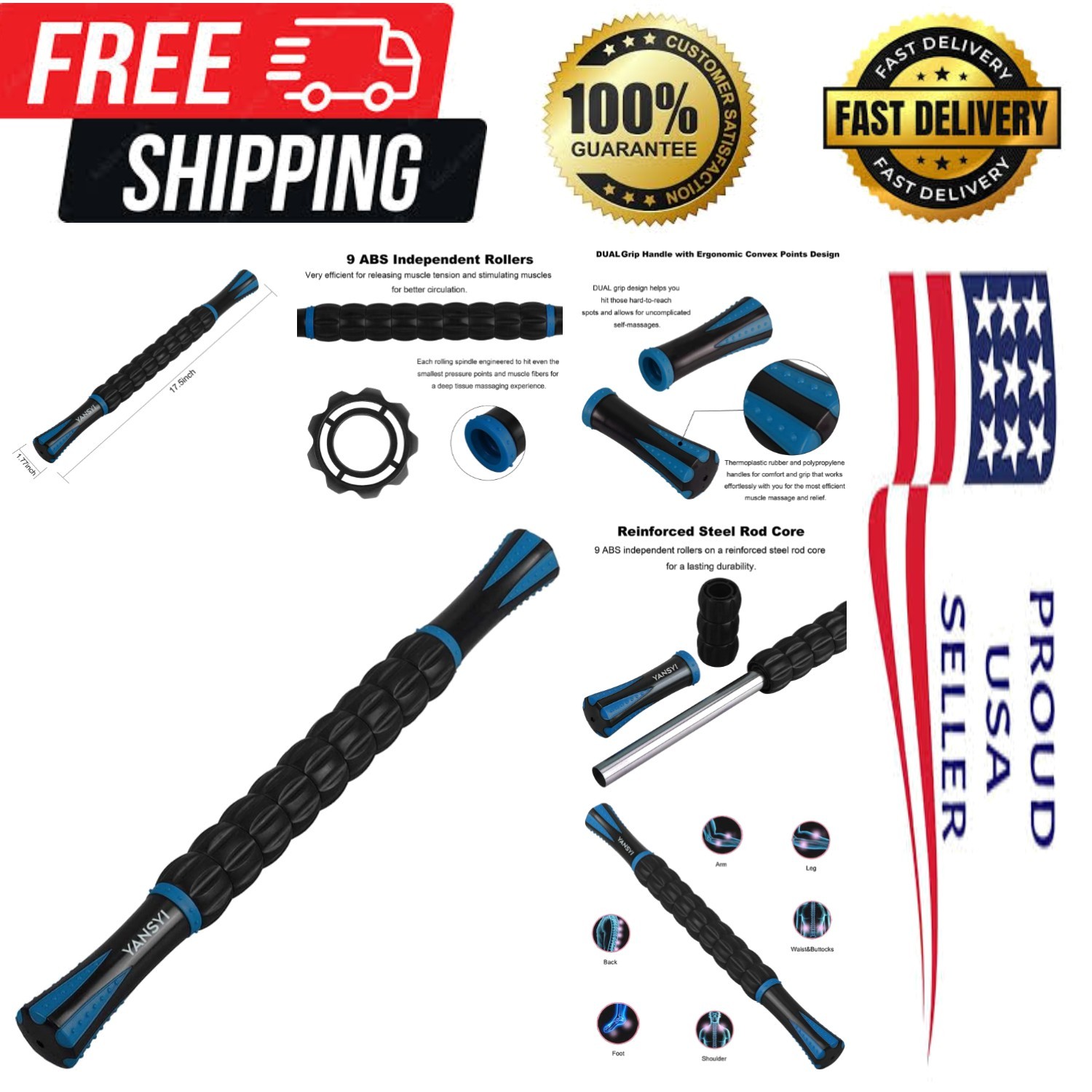 Professional 9-Roller Deep Tissue Massage Stick – Portable Muscle Recovery Ro…
