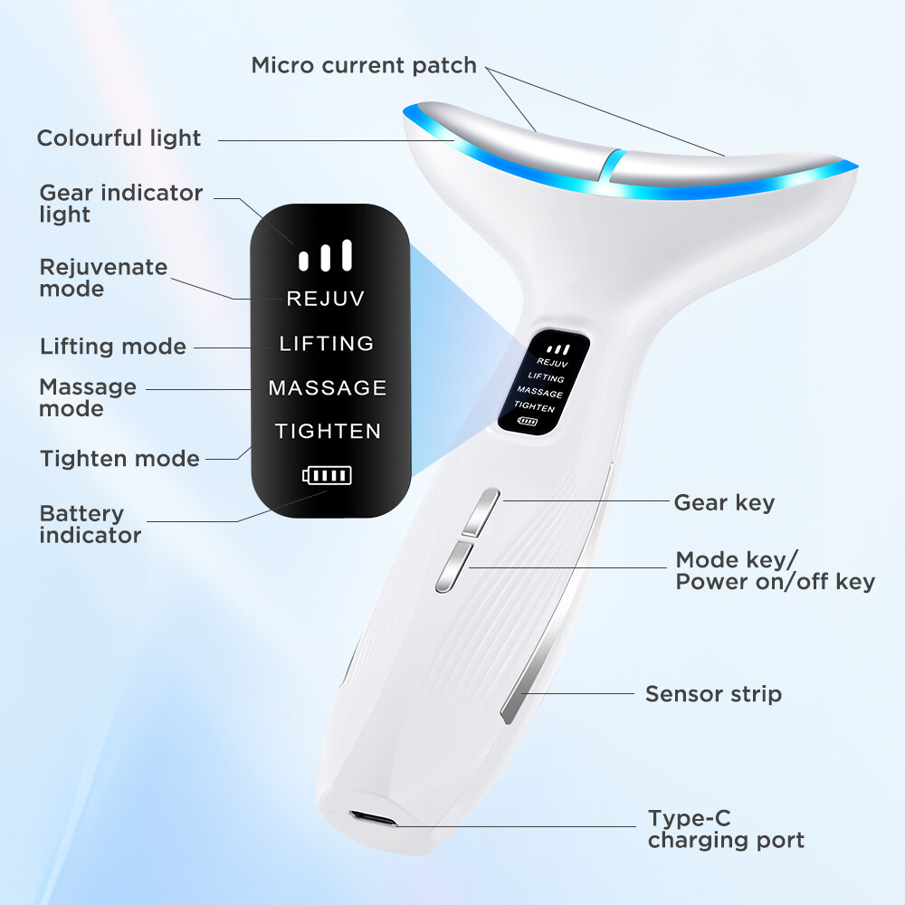 Microcurrent Facial & Neck Massager 3 Modes,Light Therapy, 45°C Constant Heat