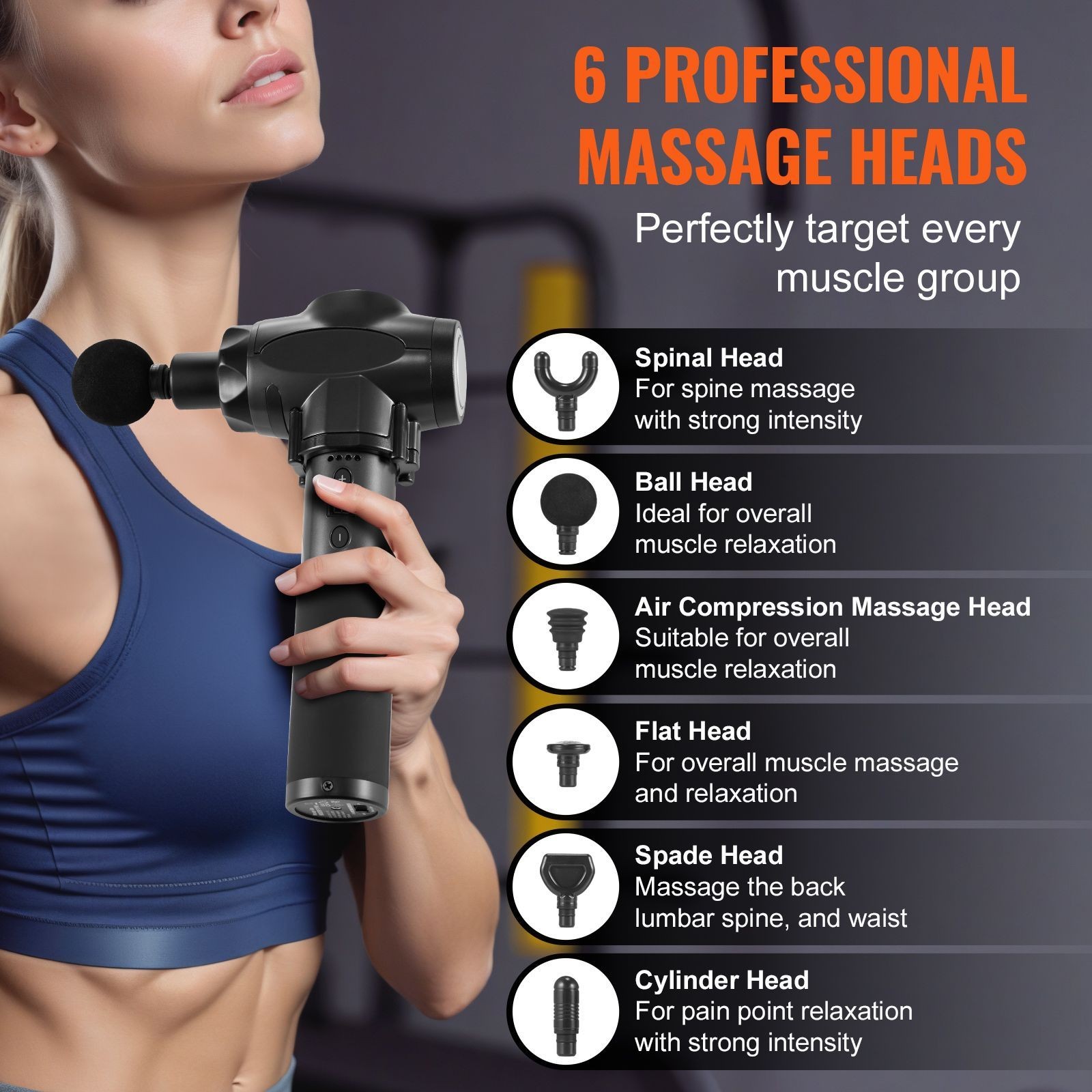 Massage Gun Deep Tissue with 9 Speed Levels & 6 Massage Heads, 24V 2500mAh