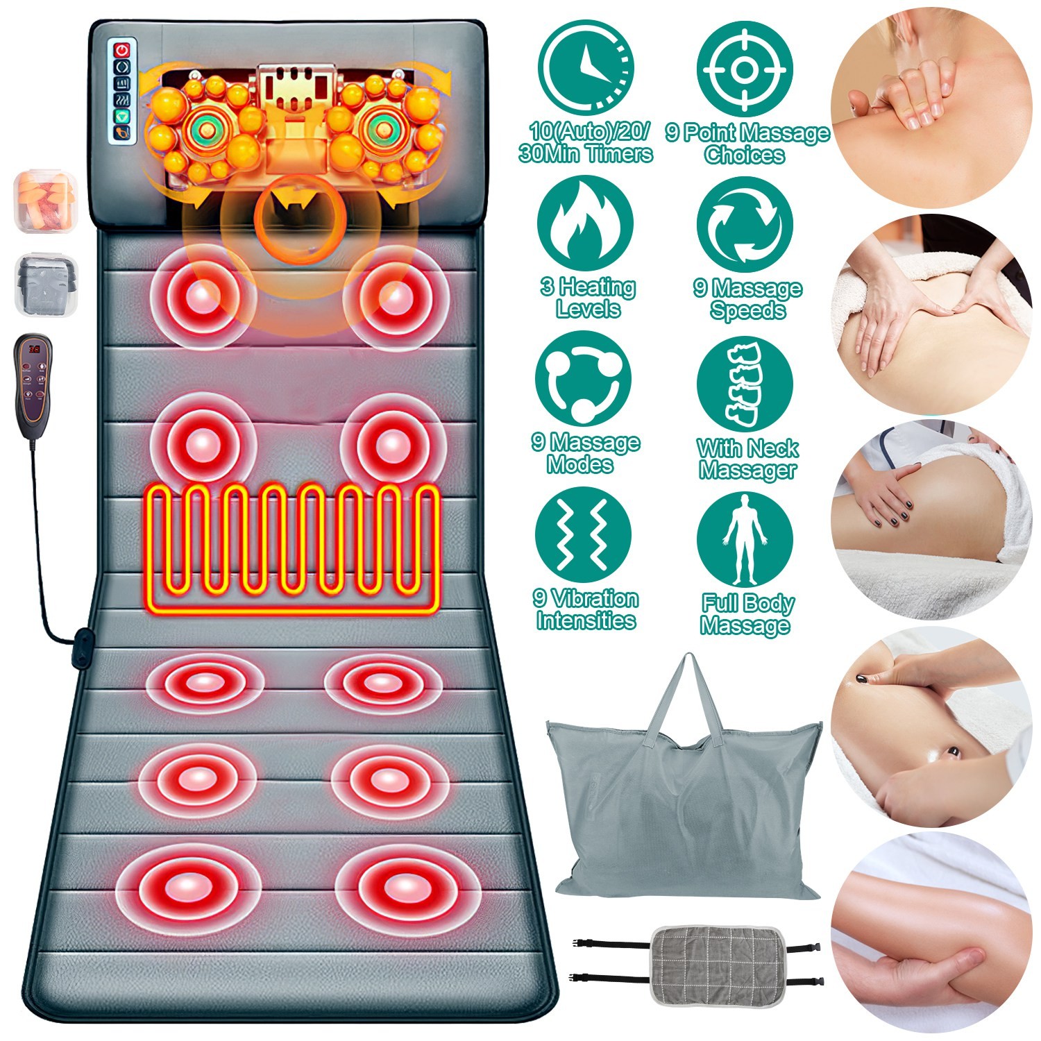 Full Body Massage Mat with Heat & Neck Massage Pillow 10 Vibration Motors Timer