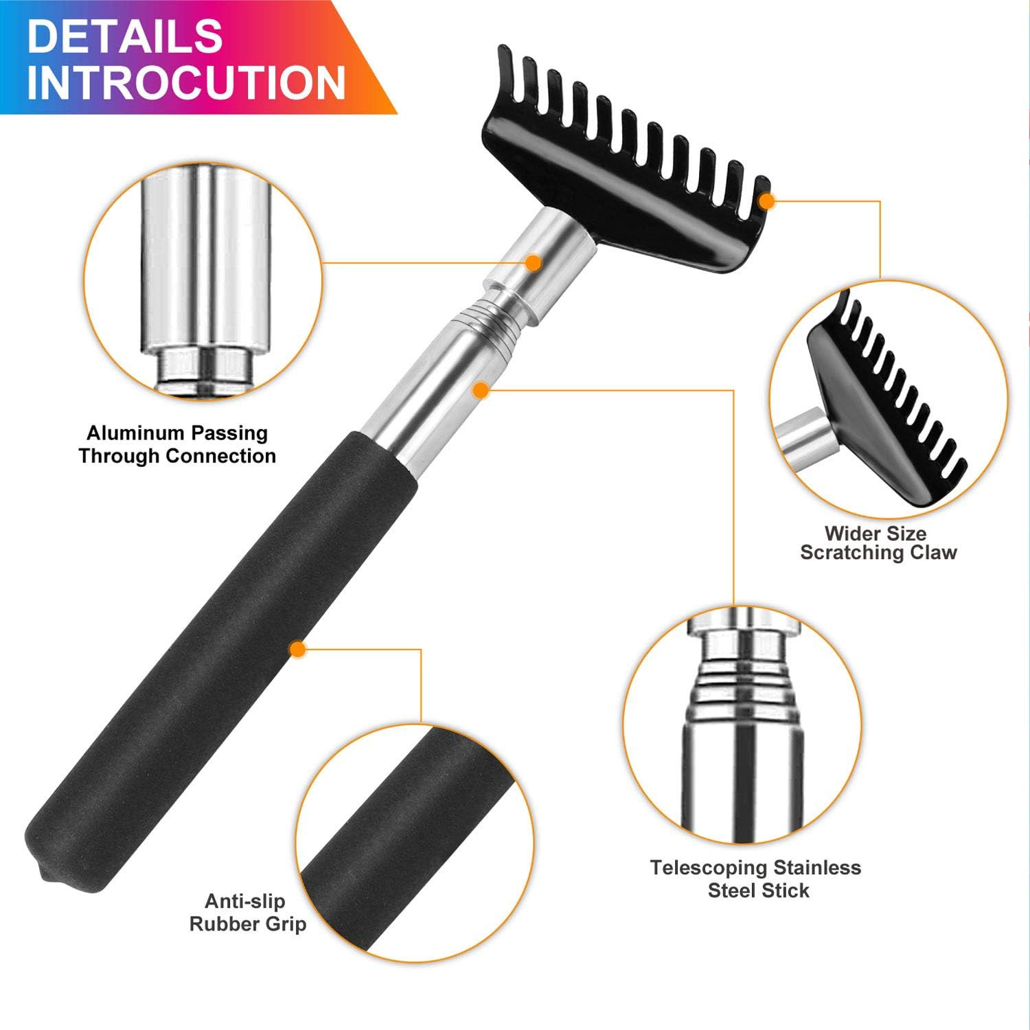 Oversized Portable Extendable Back Scratcher, Upgraded Metal Stainless Steel Tel