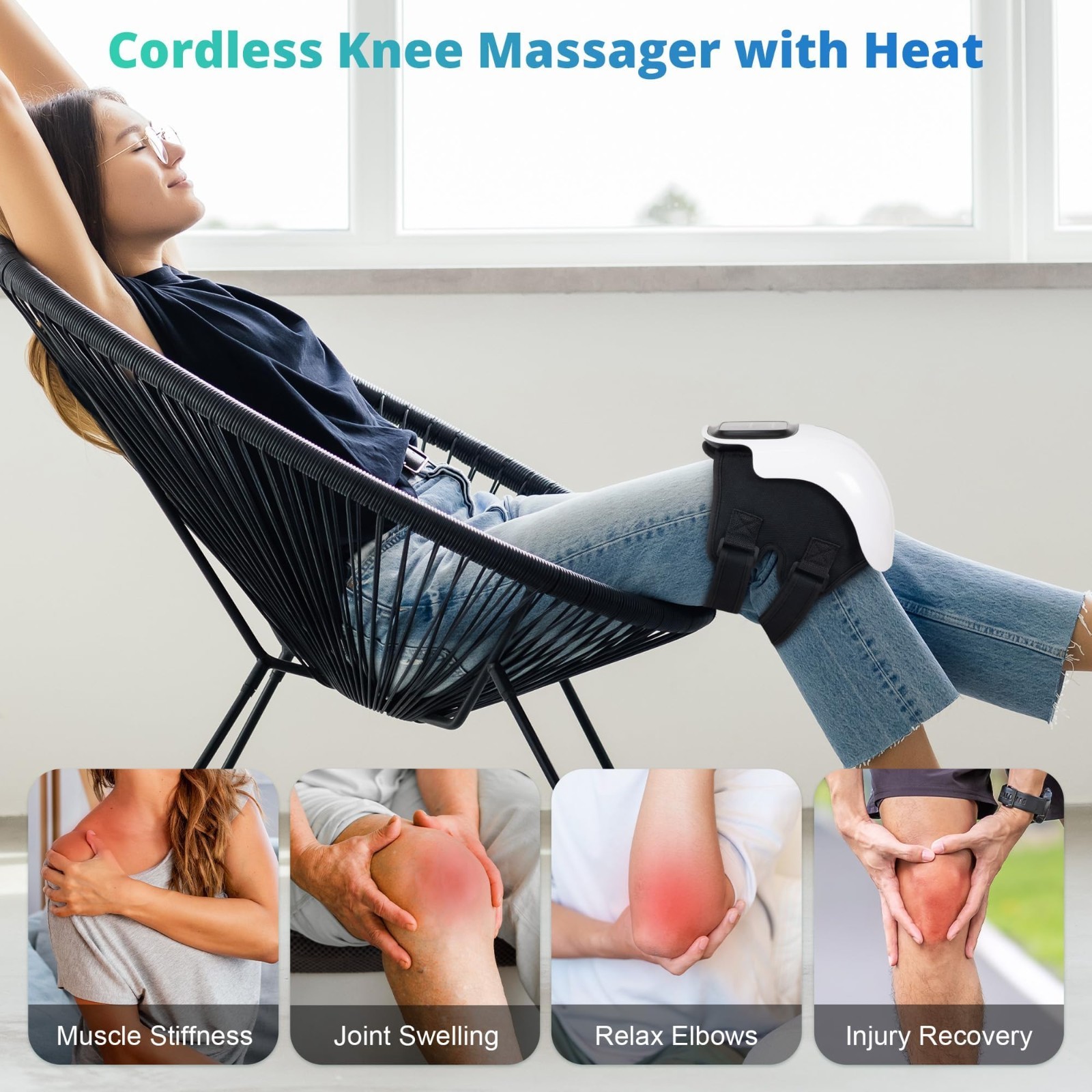 Cordless Heated Knee Massager – 3 Heat Levels, 3 Vibration Modes, Adjustable Str