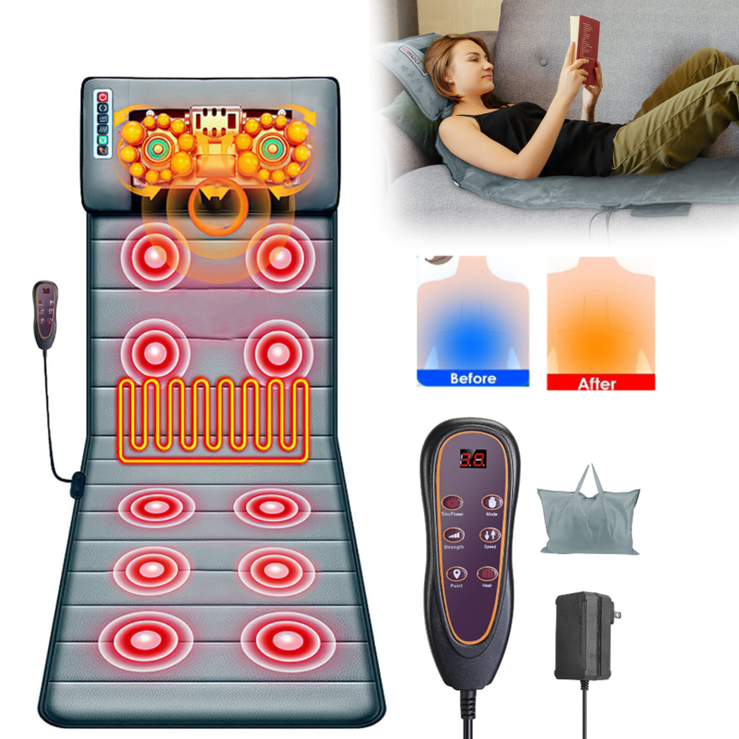 Electric Massage Mat Full Body Heating Vibration Massage Pad Neck Back Massager