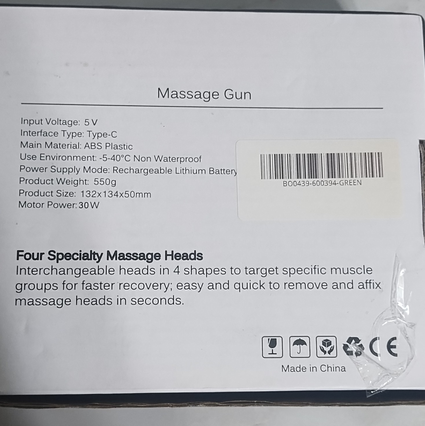 Percussion Massage Gun Cordless Rechargeable USB Type-C 4-Head Green CE
