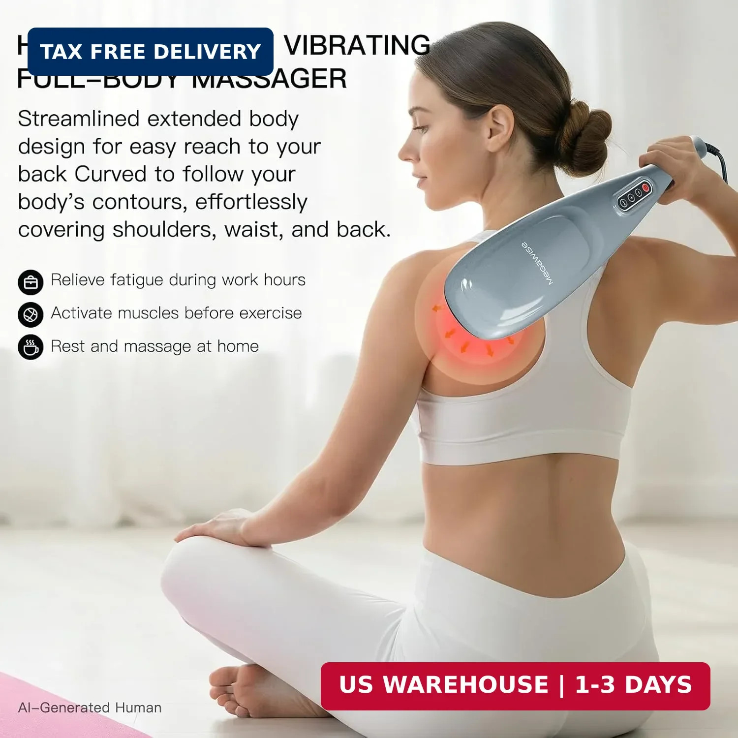 MEGAWISE Handheld Deep Tissue Neck Back Massager for Shoulders, Waist, Legs, 360