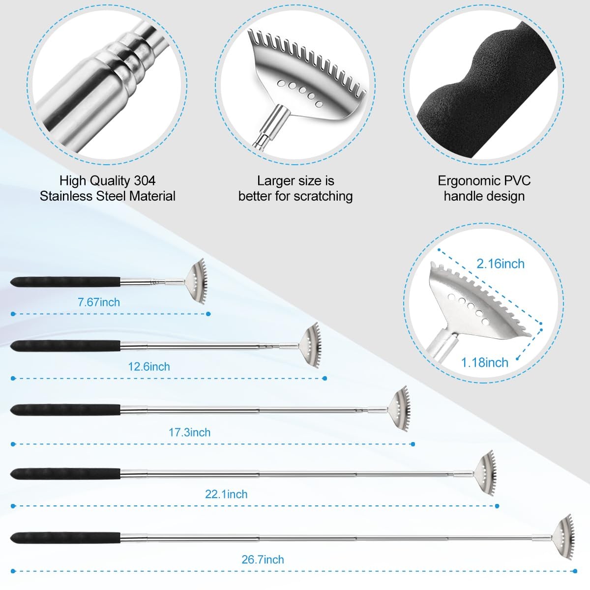 3 Pack Different Back Scratcher Metal Portable Telescoping with Rubber Handles