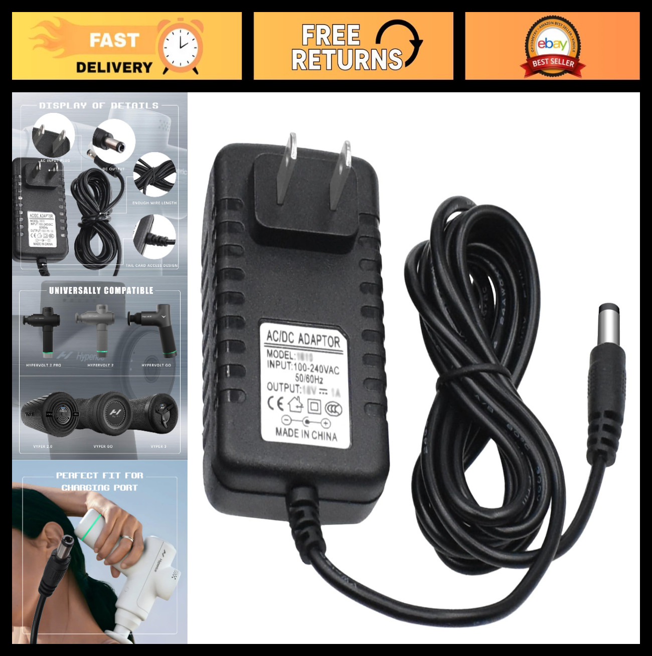 18V Charger Replacement for Massage Guns & Vyper 3/2 – 6Ft AC Power Cord Adapter