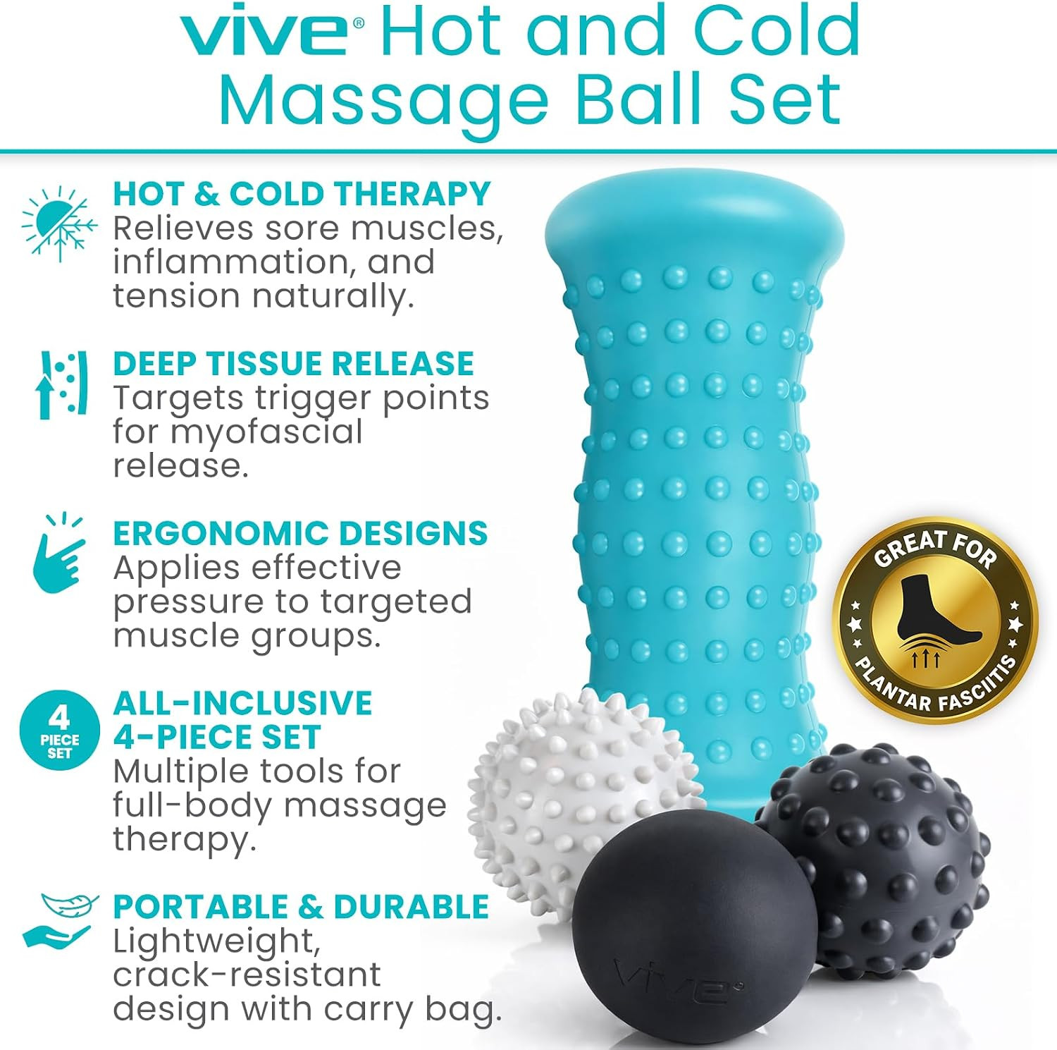 Vive Massage Ball Set (4 Piece) – Plantar Fasciitis Relief Foot Pain Hot Cold Th