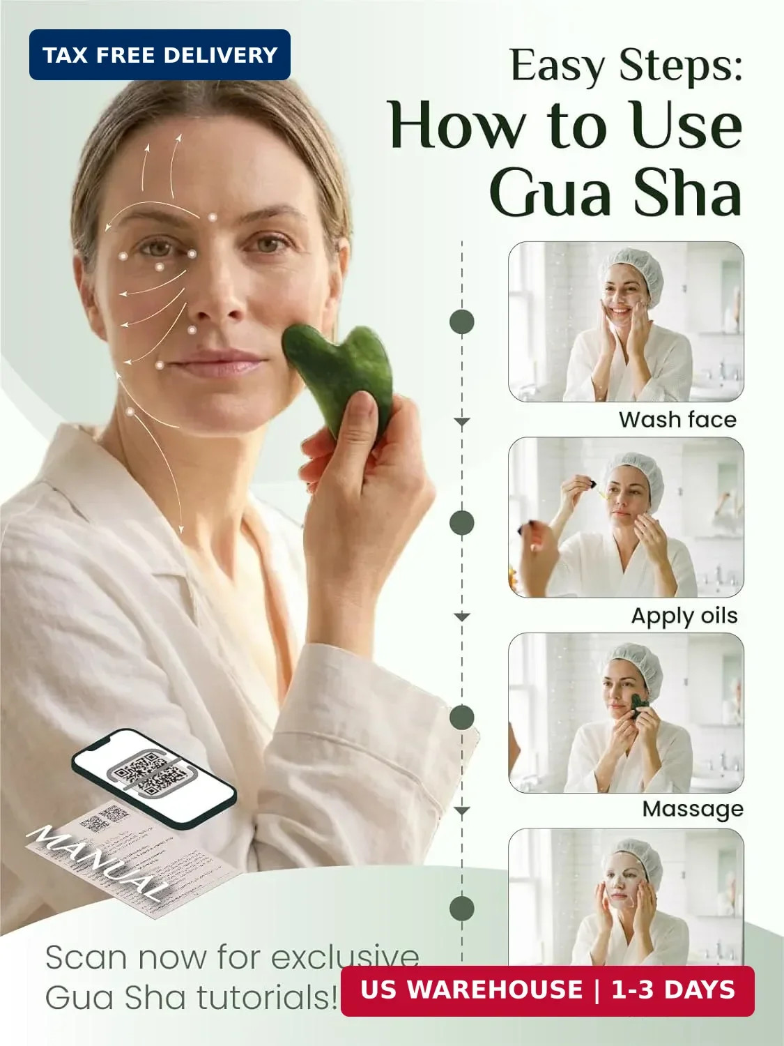Rena Chris Gua Sha Facial Tools, Natural Jade Stone Guasha Tool for Face Massage