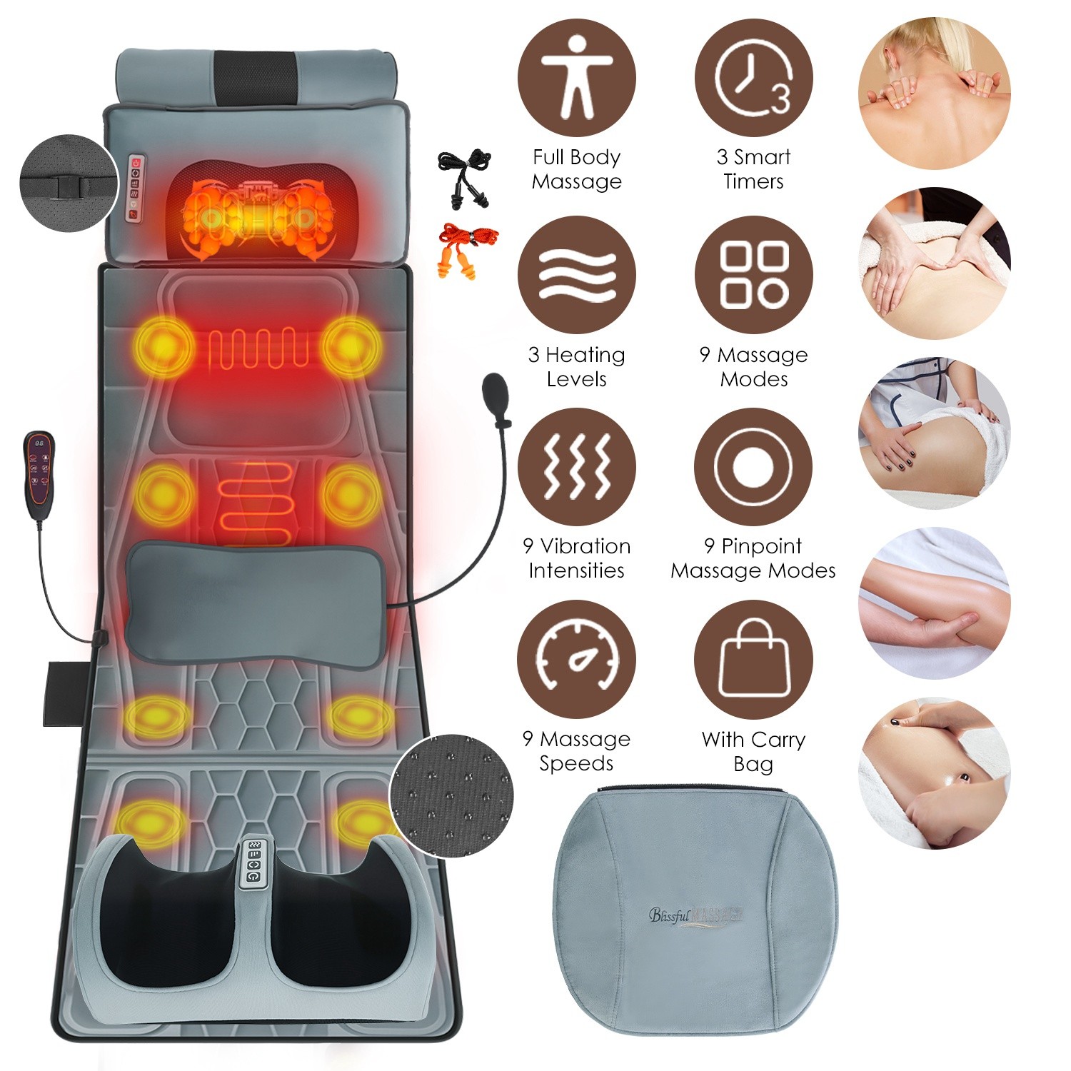Full Body Massage Mat w/ Heating Timer & Inflatable Lumbar Pillow Stress Relief