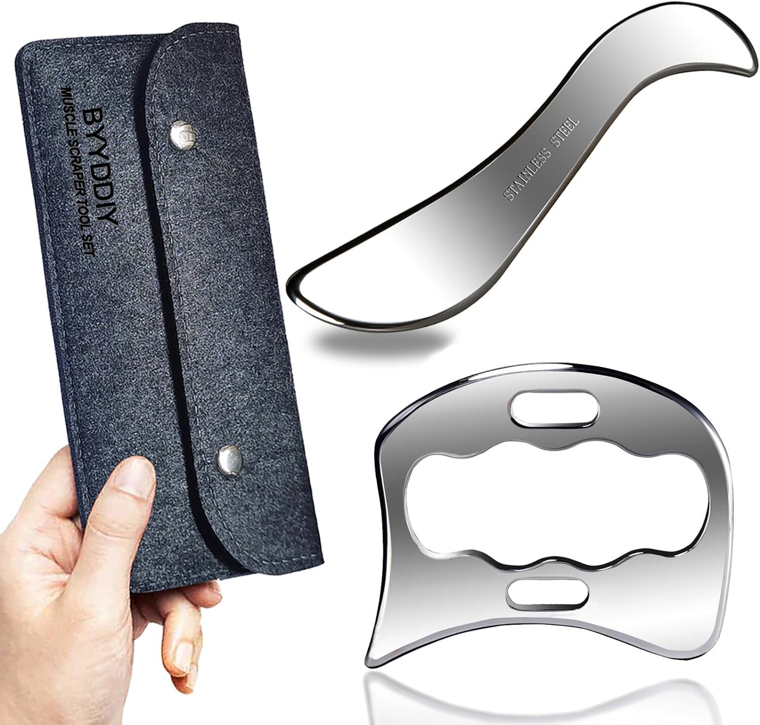 BYYDDIY 2 in 1 Stainless Steel Muscle Scraper Tools Set Gua Sha Massage Black