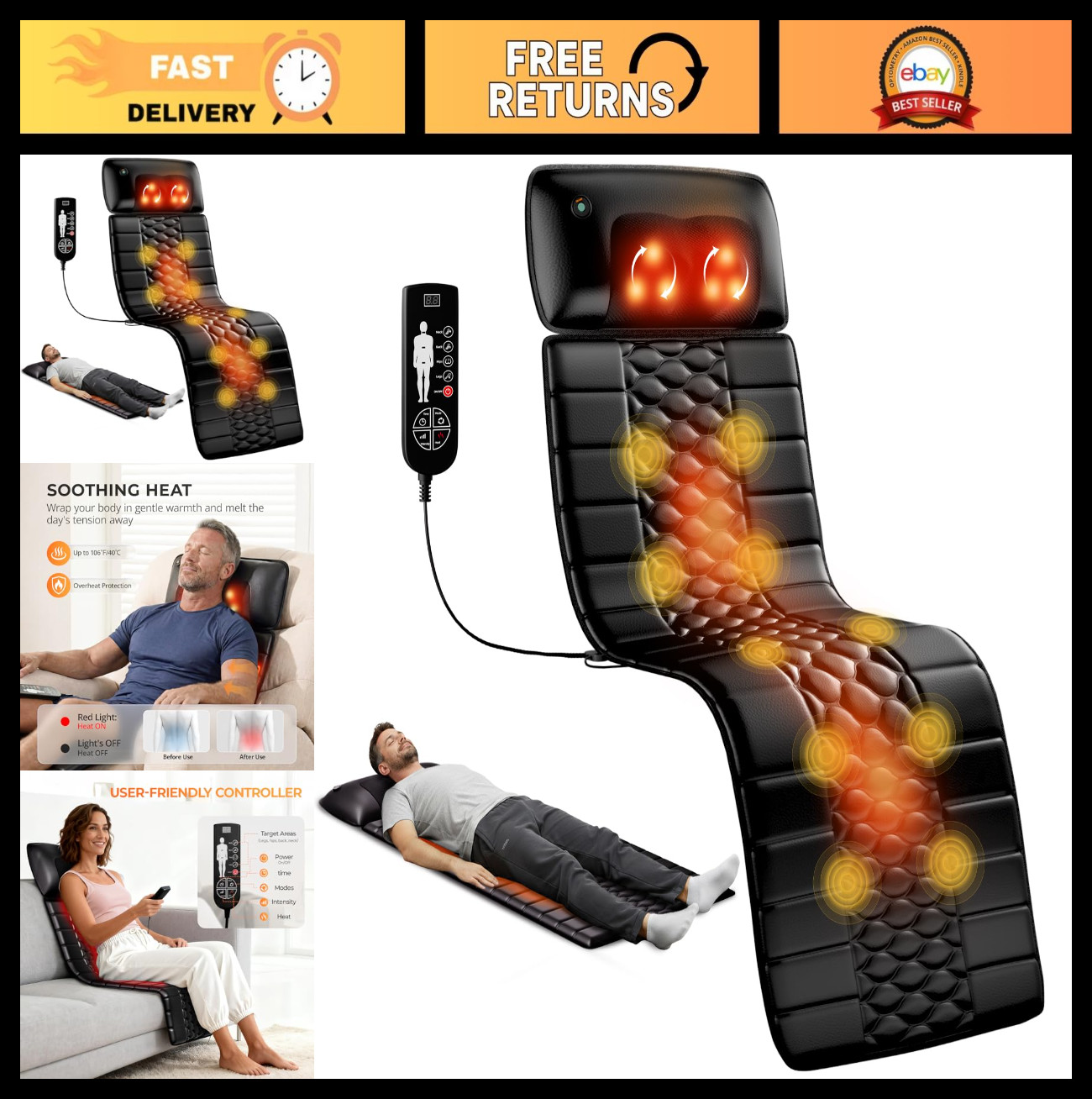 Shiatsu Full Body Massage Mat with Heat, 10 Vibrating Motors, Pain Relief