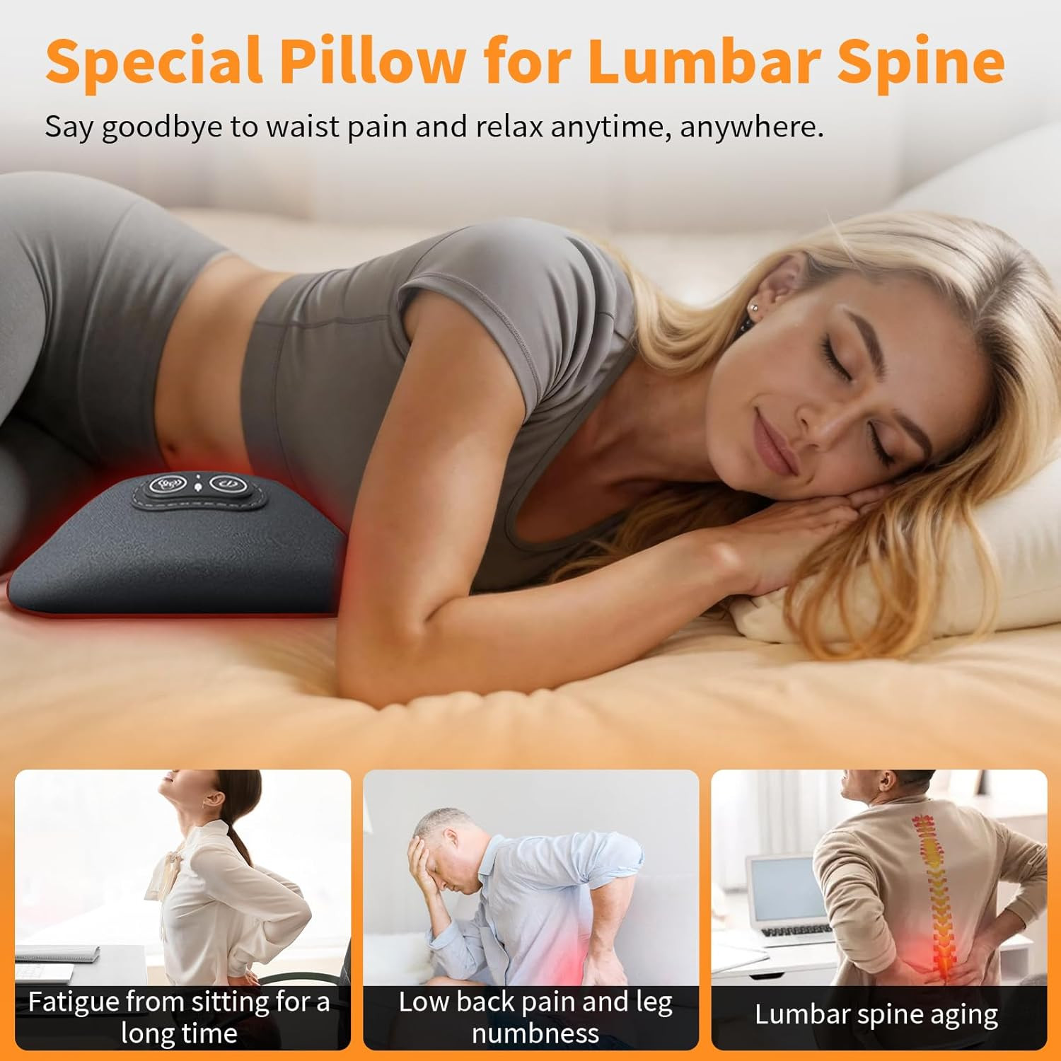 3-In-1 Electric Lumbar Support Pillow, Triple Fusion Back Massager with Heat & M
