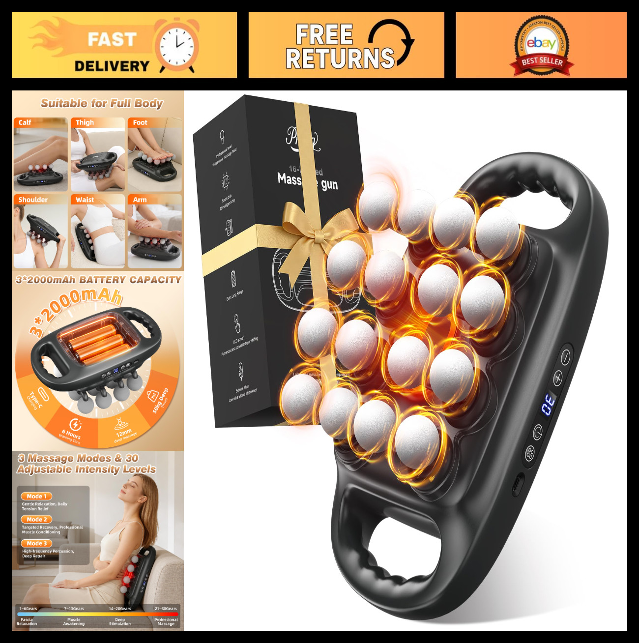 16 Head Deep Tissue Massage Gun – Percussion Massager, 3 Modes, 30 Intensities,