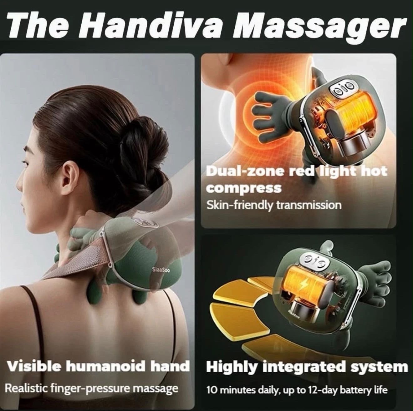 Handiva Heated Rechargeable Neck & Shoulder Massager, Green Battery Powered