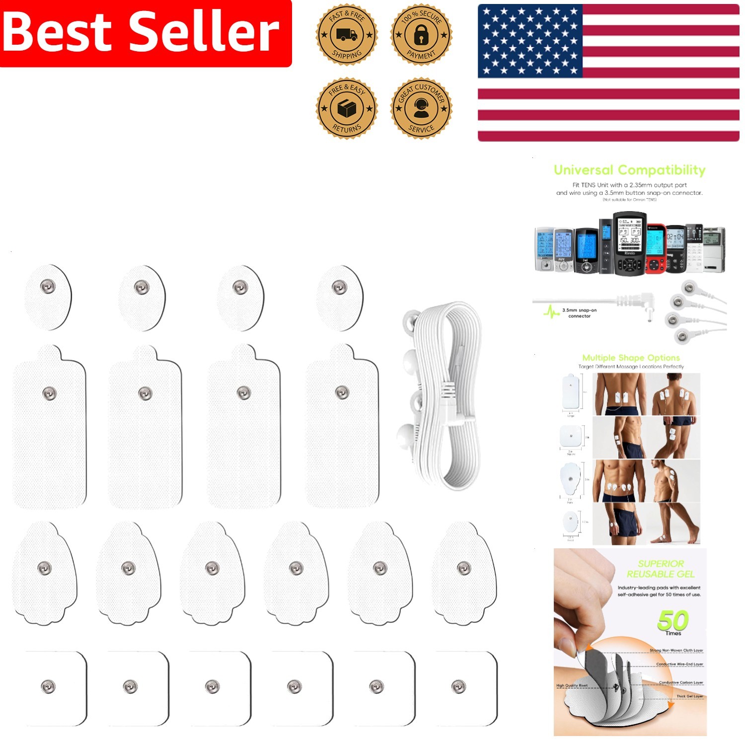 TENS Unit Pads 20PC Reusable Hydrogel Universal EMS Pain Relief Electrodes Wire