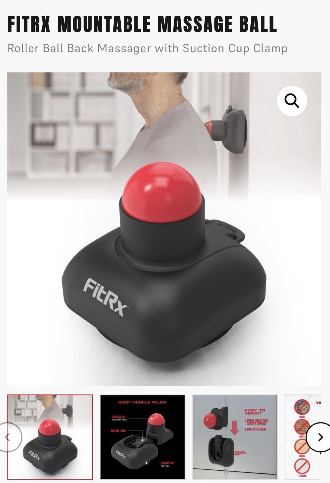 FitRx Mountable Massage Ball w/ Suction Cup Clamp Back/Shoulder Black/Red