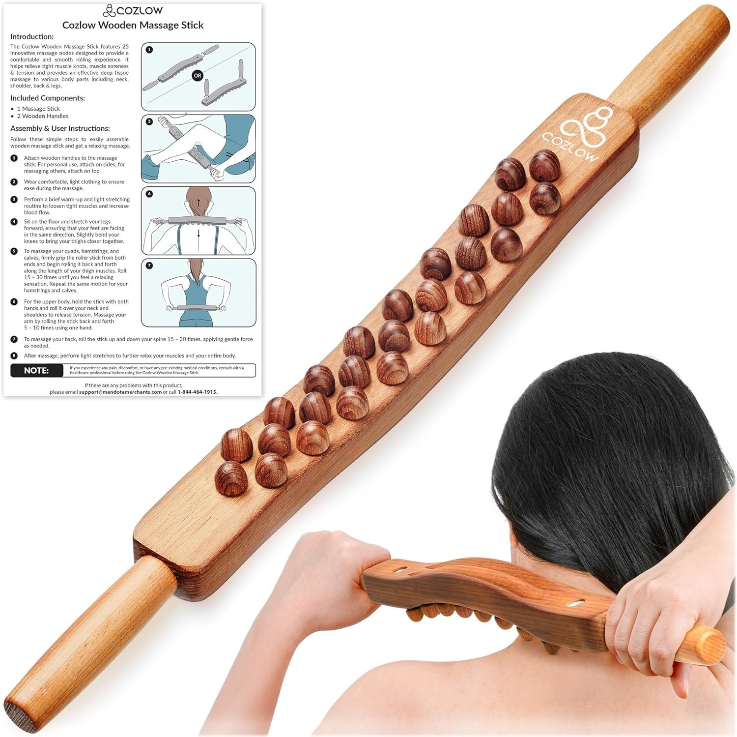 Cozlow Guasha Wood Stick Massage Tool – Premium Wooden Massager W/ 25 Massage Be