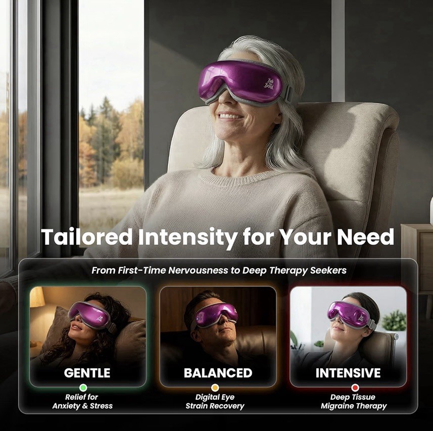 Bob and Brad Purple Cordless EyeOasis 3 Eye Massager Migraine, Bluetooth Heat